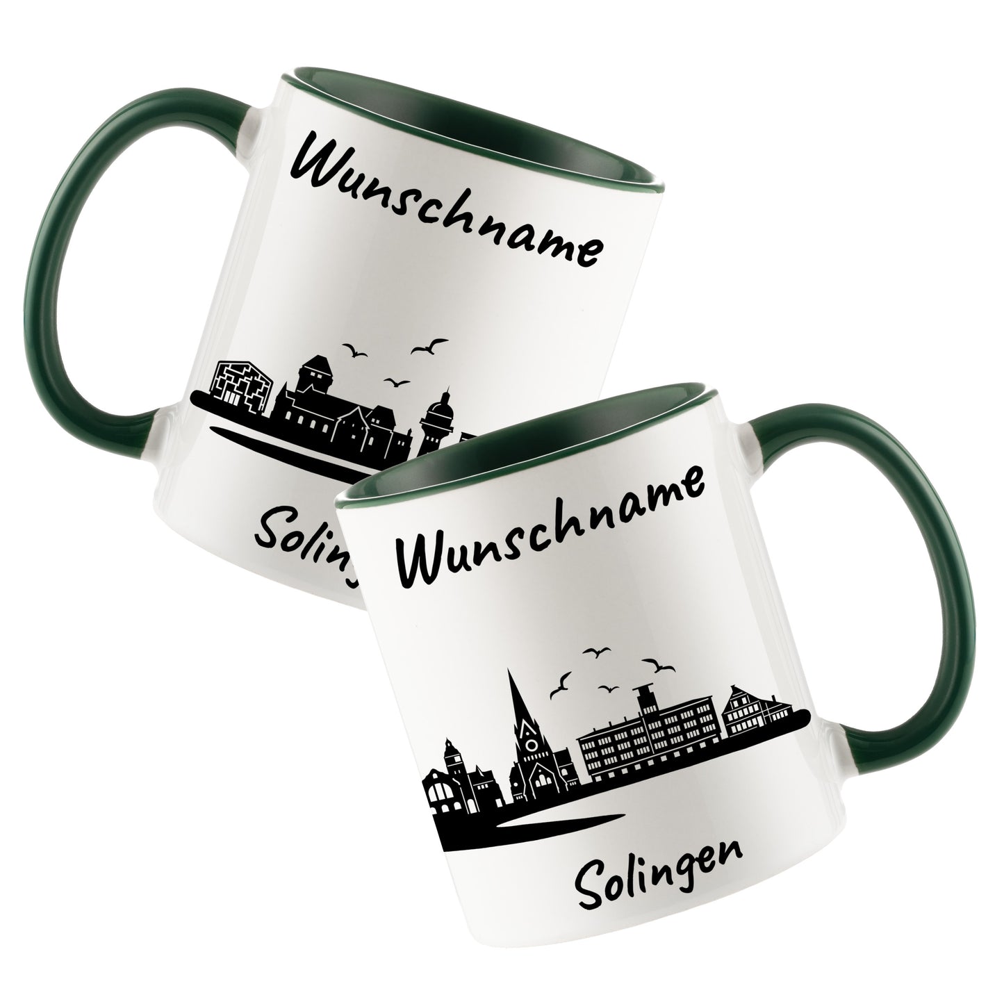 Tasse in Dunkelgrün 330ml bedruckt mit der Skyline von Solingen personalisierbar mit Wunschname