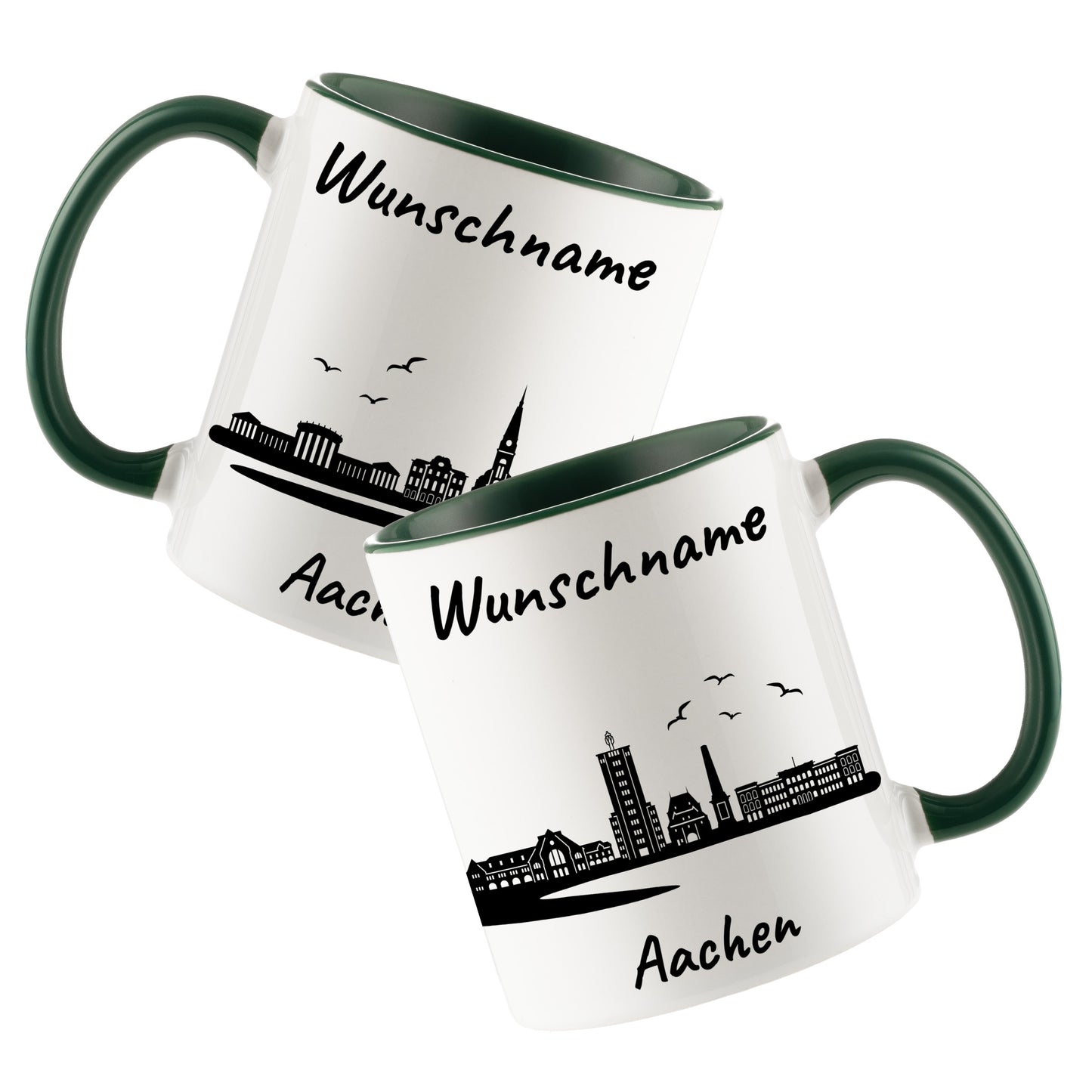 Tasse in Dunkelgrün 330ml bedruckt mit der Skyline von Aachen personalisierbar mit Wunschname
