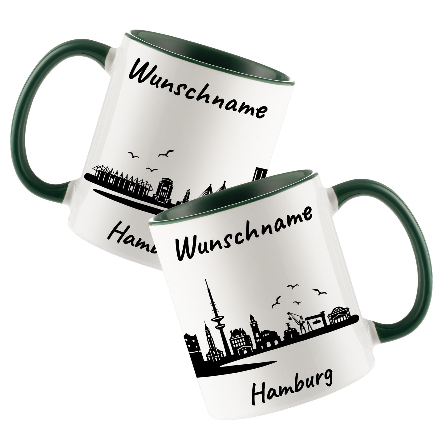 Tasse in Dunkelgrün 330ml bedruckt mit der Skyline von Hamburg personalisierbar mit Wunschname