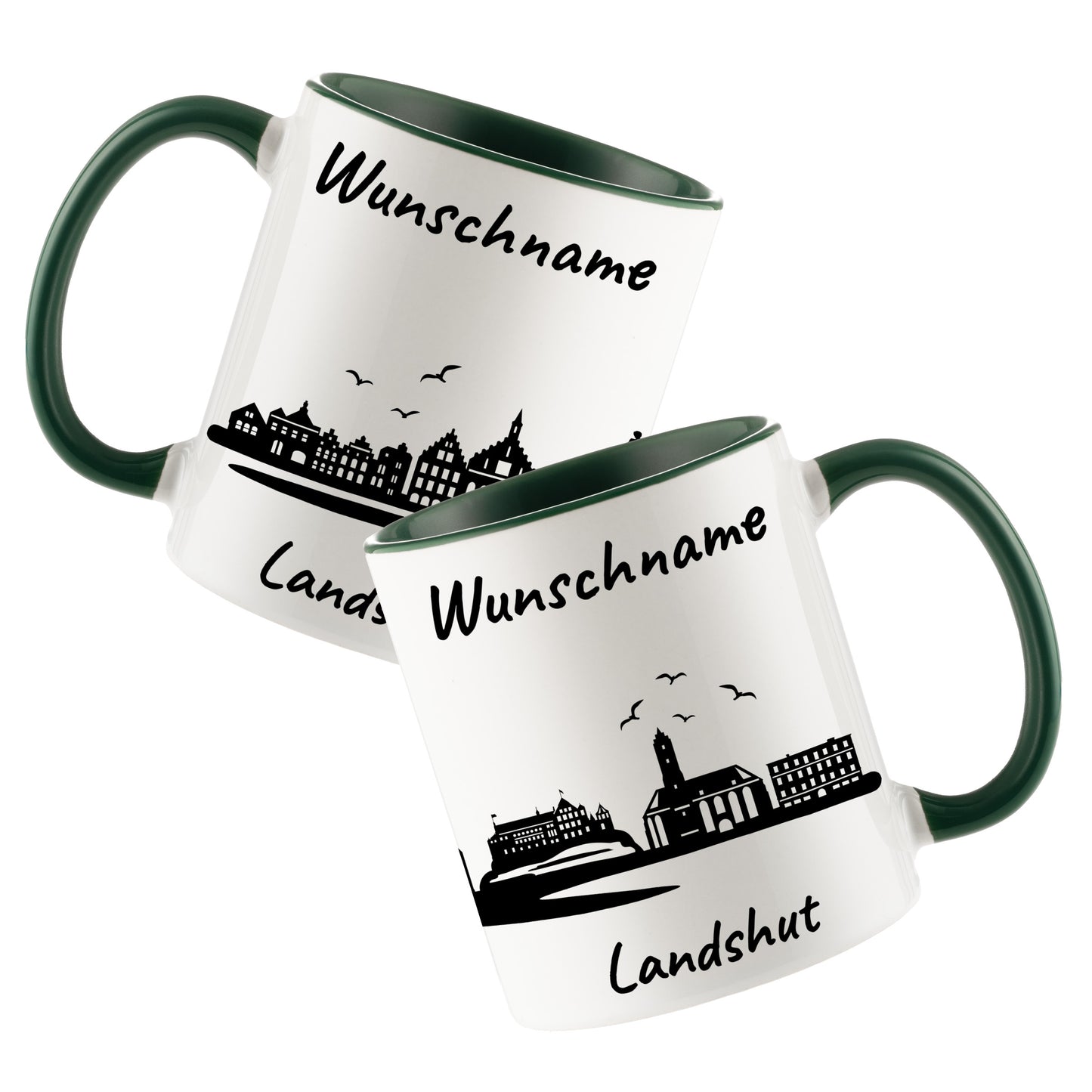 Tasse in Dunkelgrün 330ml bedruckt mit der Skyline von Landshut personalisierbar mit Wunschname