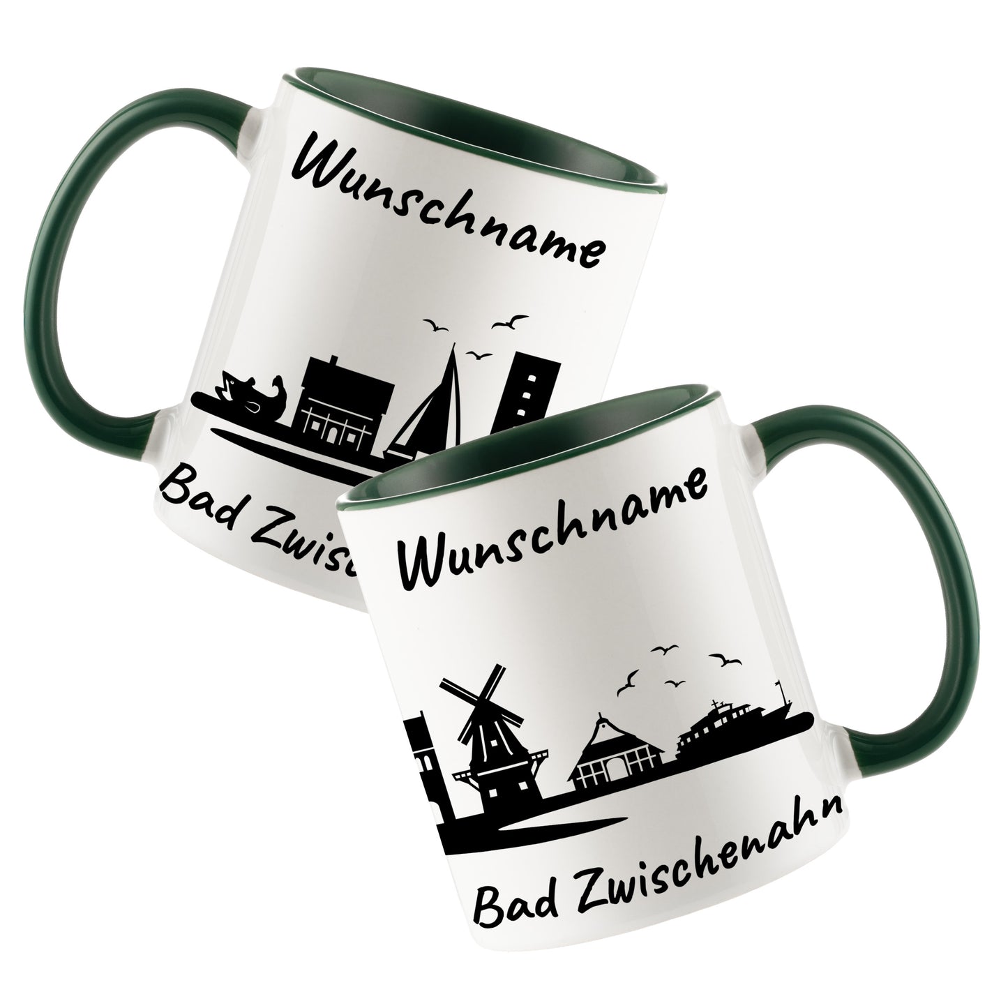 Tasse in Dunkelgrün 330ml bedruckt mit der Skyline von Bad Zwischenahn personalisierbar mit Wunschname