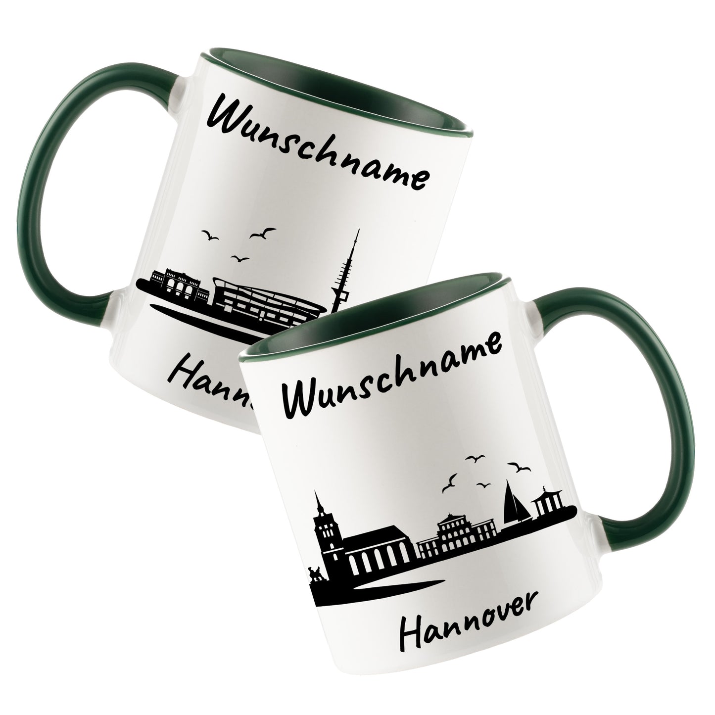 Tasse in Dunkelgrün 330ml bedruckt mit der Skyline von Hannover personalisierbar mit Wunschname