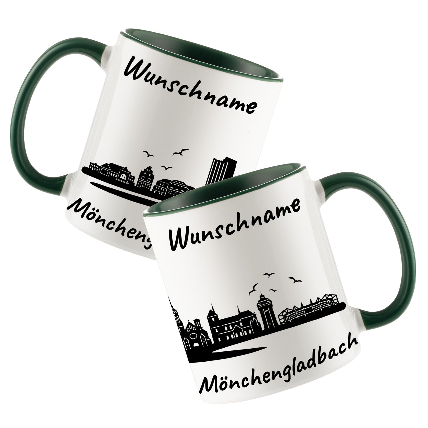 Tasse in Dunkelgrün 330ml bedruckt mit der Skyline von Mönchengladbach personalisierbar mit Wunschname