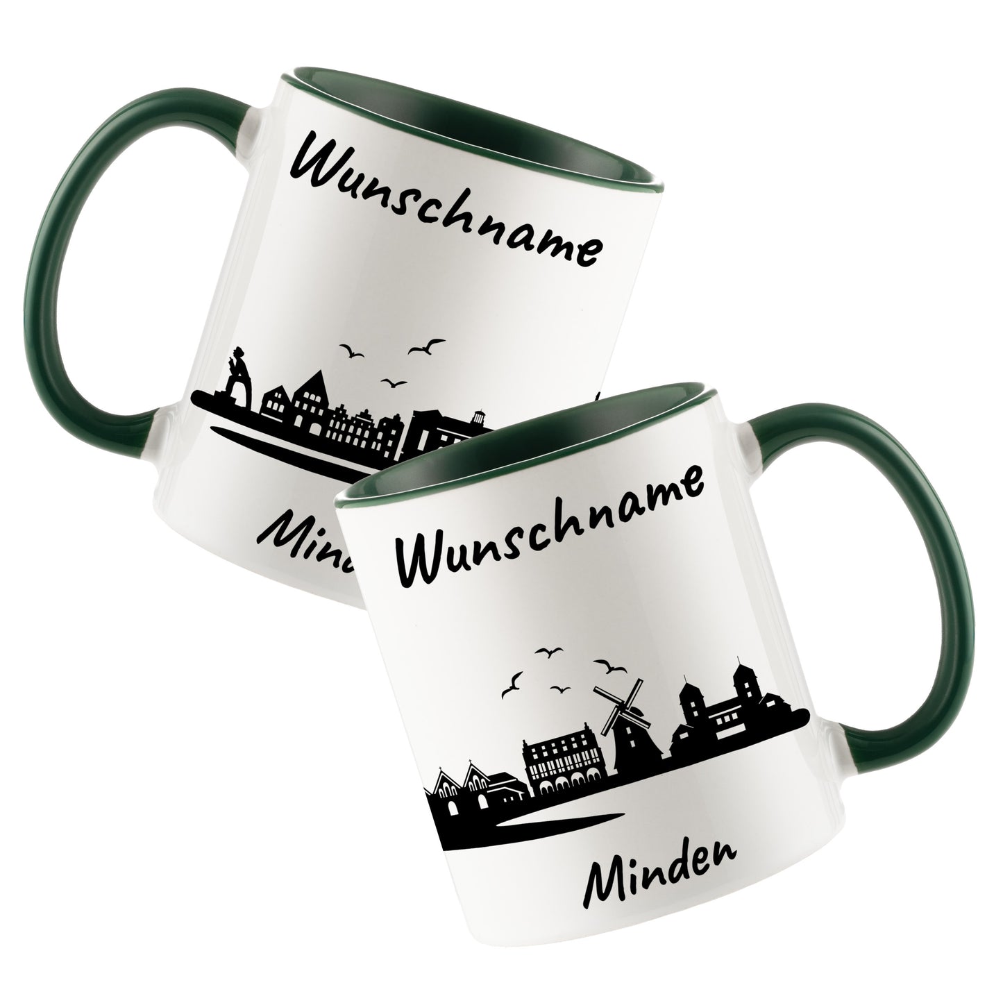 Tasse in Dunkelgrün 330ml bedruckt mit der Skyline von Minden personalisierbar mit Wunschname