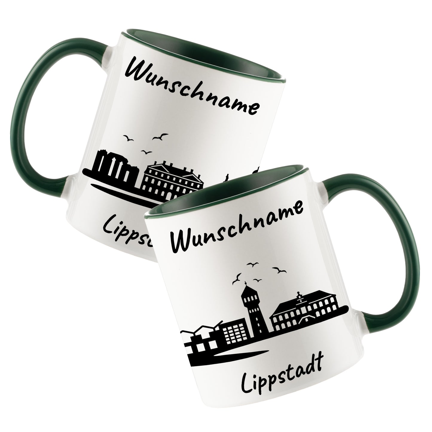 Tasse in Dunkelgrün 330ml bedruckt mit der Skyline von Lippstadt personalisierbar mit Wunschname