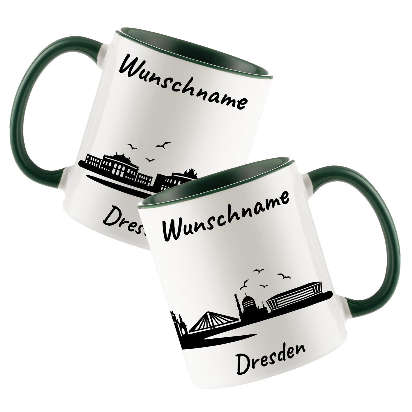 Tasse in Dunkelgrün 330ml bedruckt mit der Skyline von Dresden personalisierbar mit Wunschname