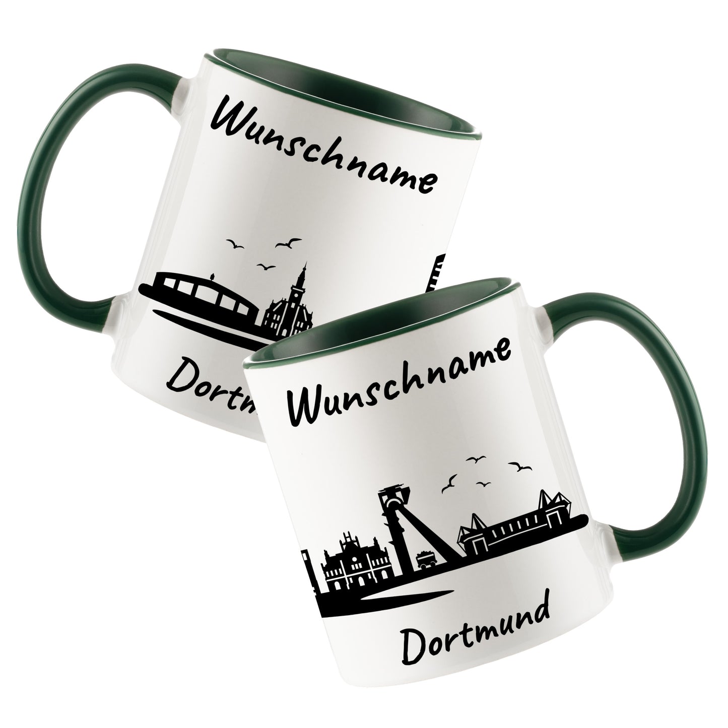 Tasse in Dunkelgrün 330ml bedruckt mit der Skyline von Dortmund personalisierbar mit Wunschname