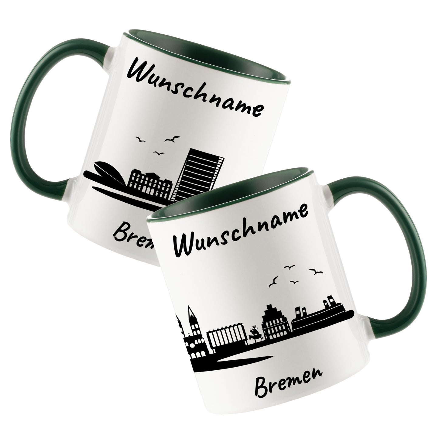 Tasse in Dunkelgrün 330ml bedruckt mit der Skyline von Bremen personalisierbar mit Wunschname