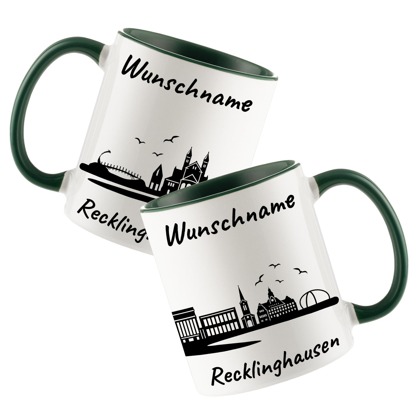Tasse in Dunkelgrün 330ml bedruckt mit der Skyline von Recklinghausen personalisierbar mit Wunschname