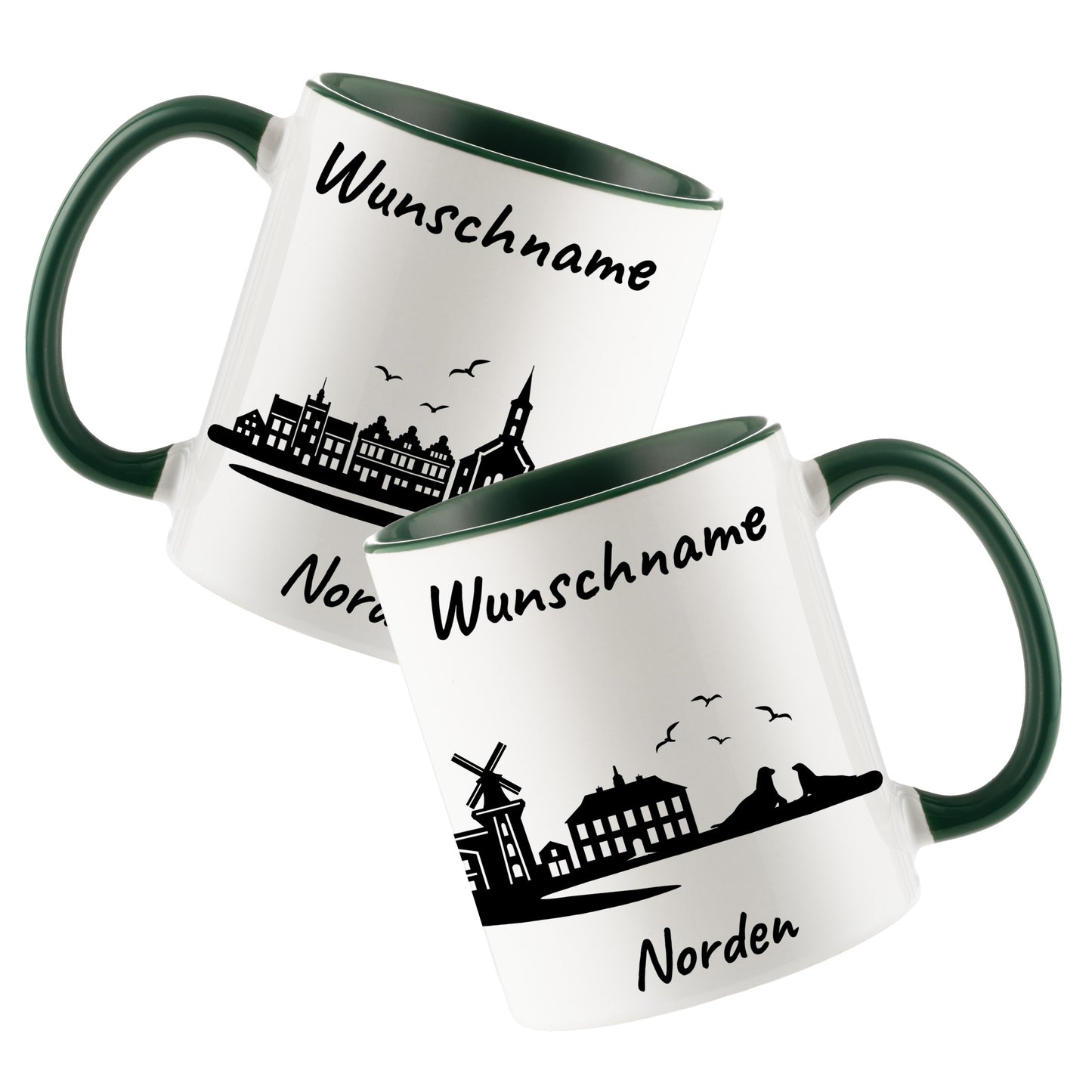 Tasse in Dunkelgrün 330ml bedruckt mit der Skyline von Norden personalisierbar mit Wunschname
