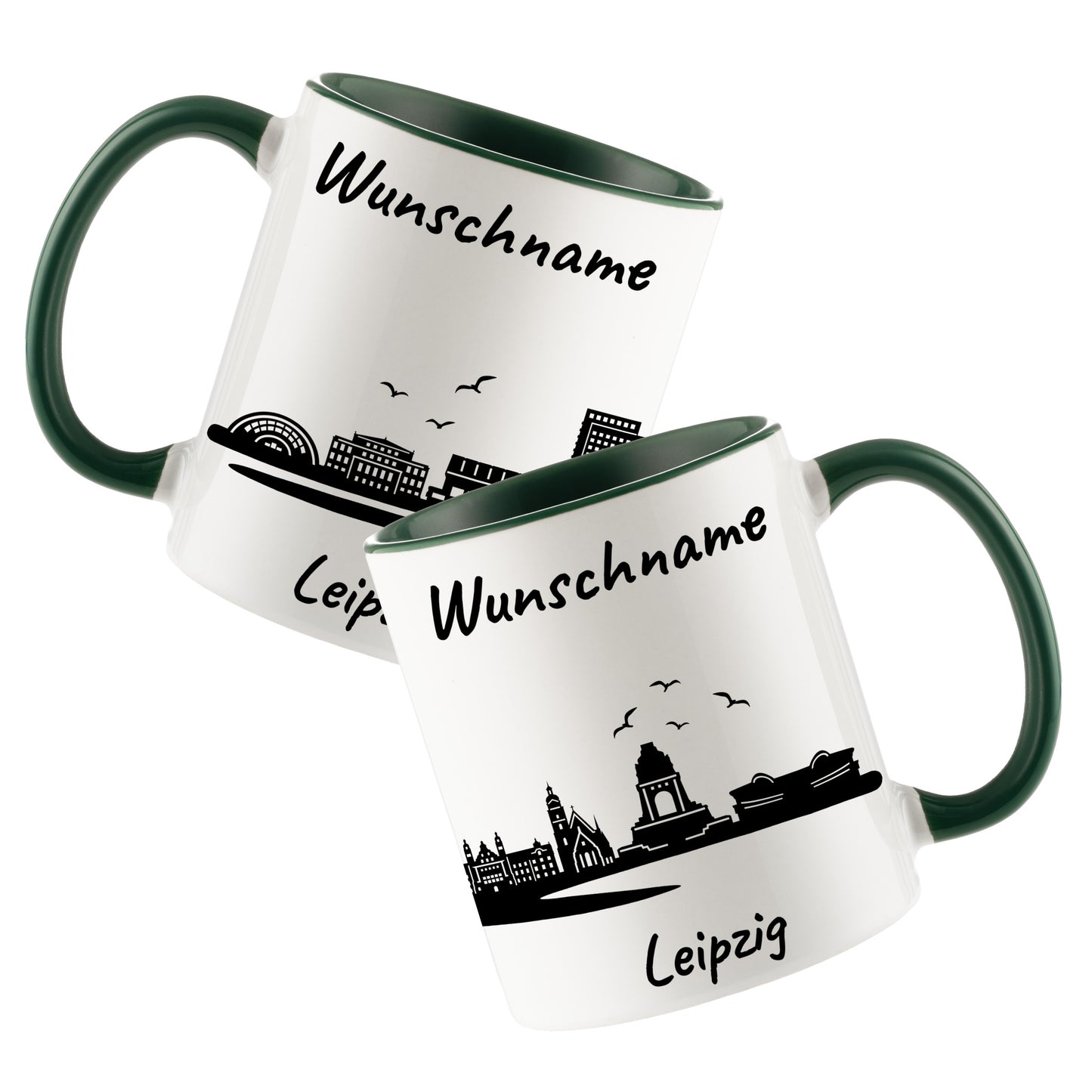 Tasse in Dunkelgrün 330ml bedruckt mit der Skyline von Leipzig personalisierbar mit Wunschname