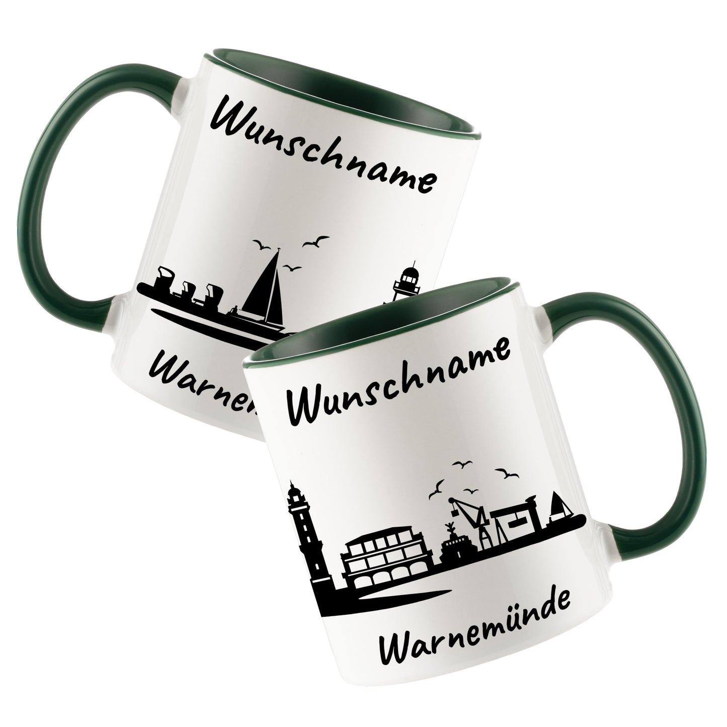 Tasse in Dunkelgrün 330ml bedruckt mit der Skyline von Warnemünde personalisierbar mit Wunschname