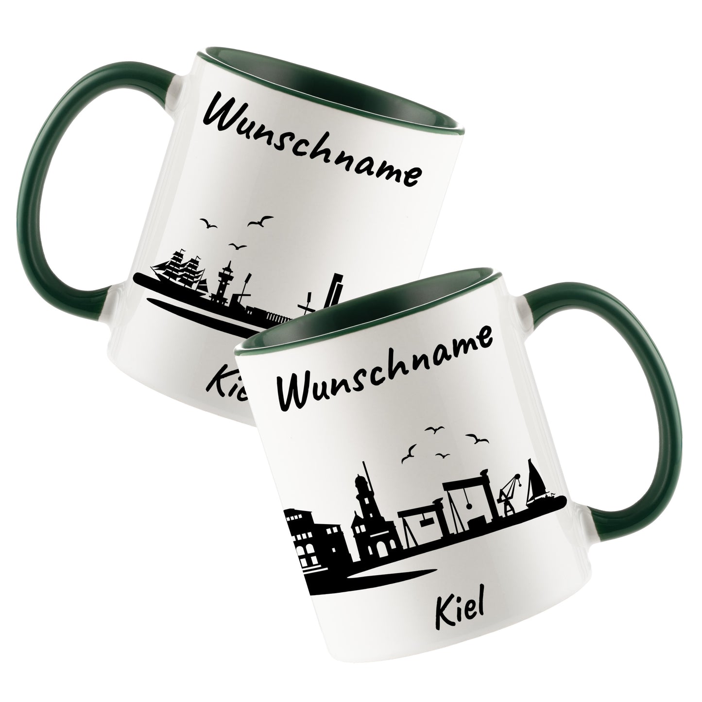 Tasse in Dunkelgrün 330ml bedruckt mit der Skyline von Kiel personalisierbar mit Wunschname