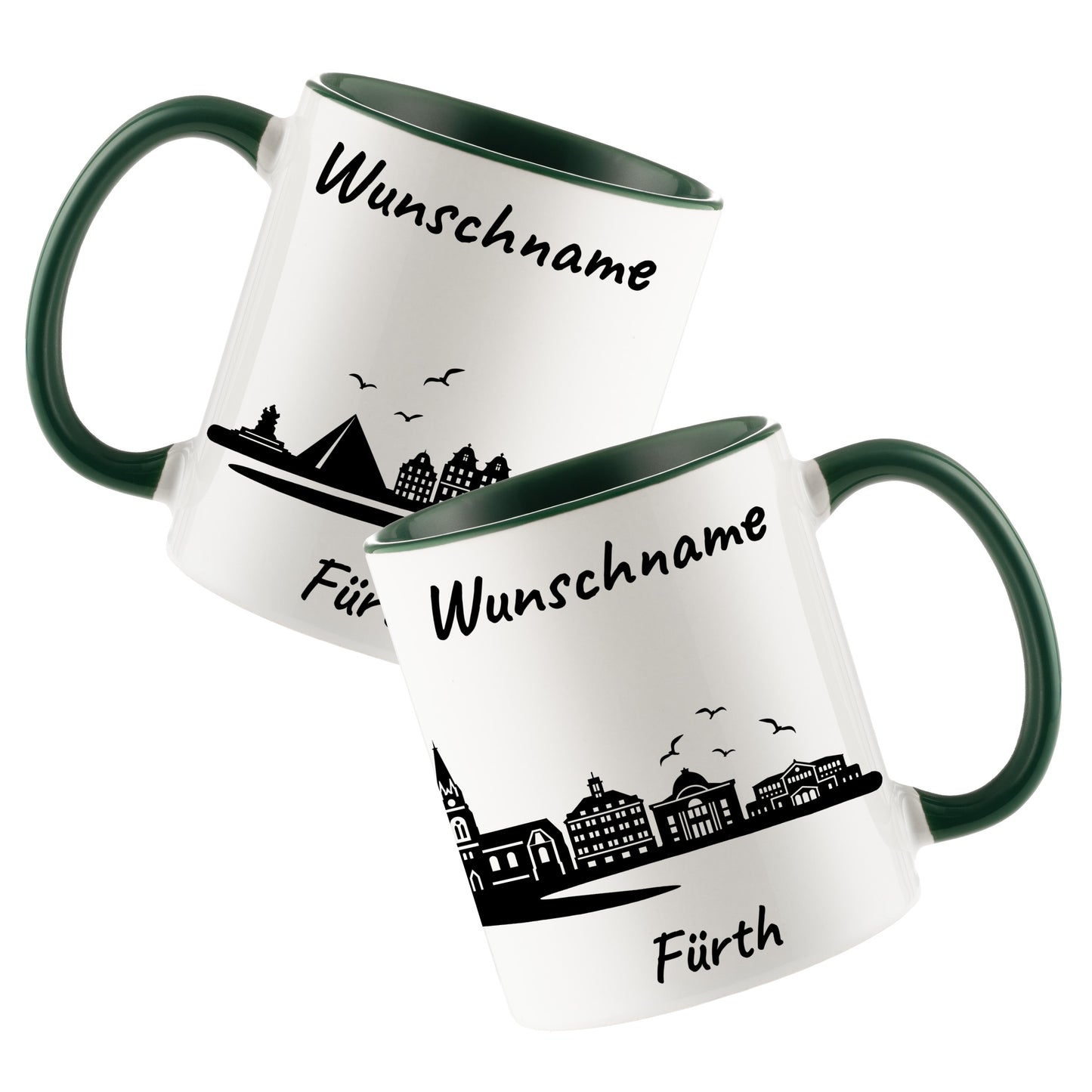 Tasse in Dunkelgrün 330ml bedruckt mit der Skyline von Fürth personalisierbar mit Wunschname
