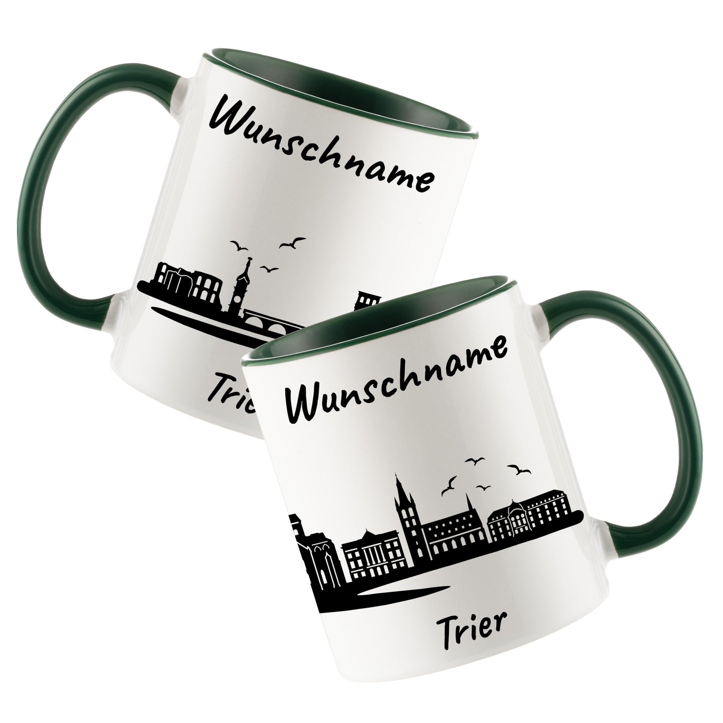 Tasse in Dunkelgrün 330ml bedruckt mit der Skyline von Trier personalisierbar mit Wunschname