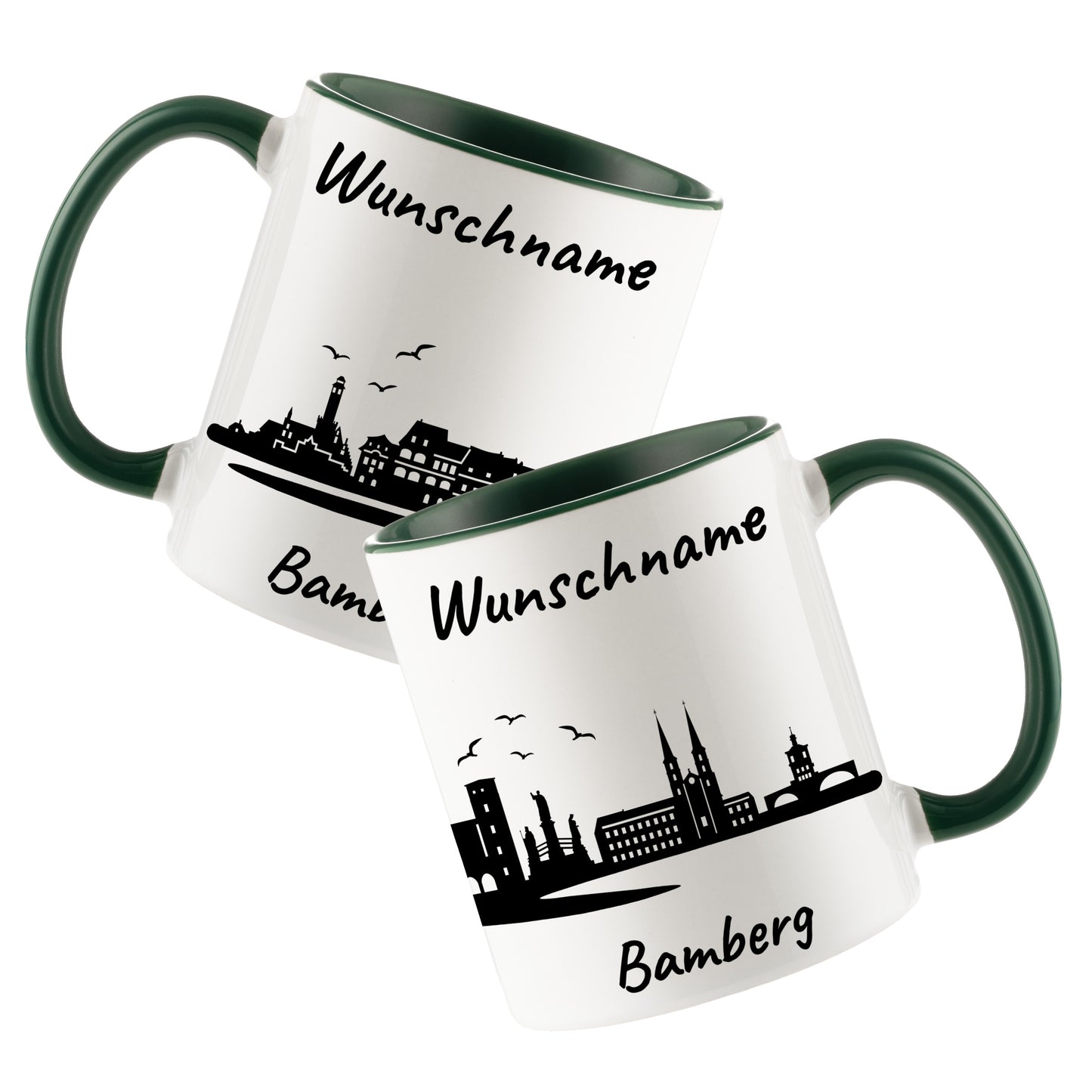 Tasse in Dunkelgrün 330ml bedruckt mit der Skyline von Bamberg personalisierbar mit Wunschname