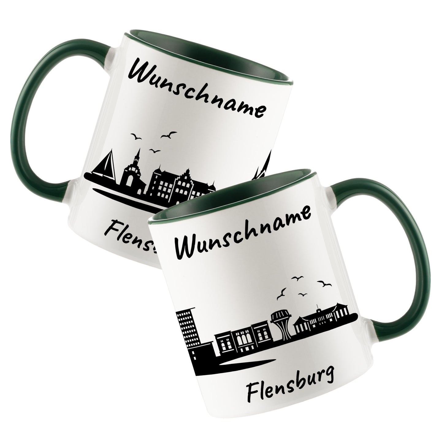 Tasse in Dunkelgrün 330ml bedruckt mit der Skyline von Flensburg personalisierbar mit Wunschname