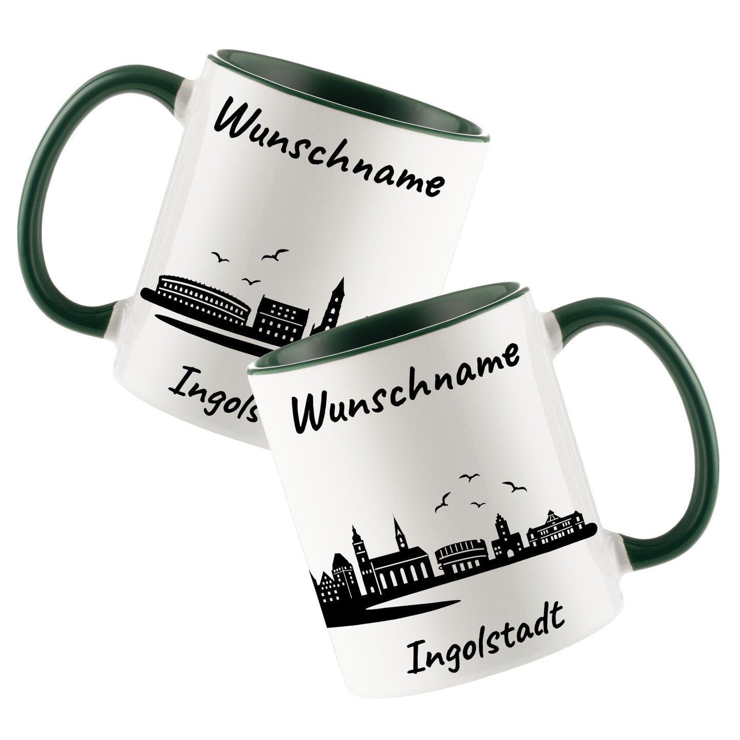 Tasse in Dunkelgrün 330ml bedruckt mit der Skyline von Ingolstadt personalisierbar mit Wunschname