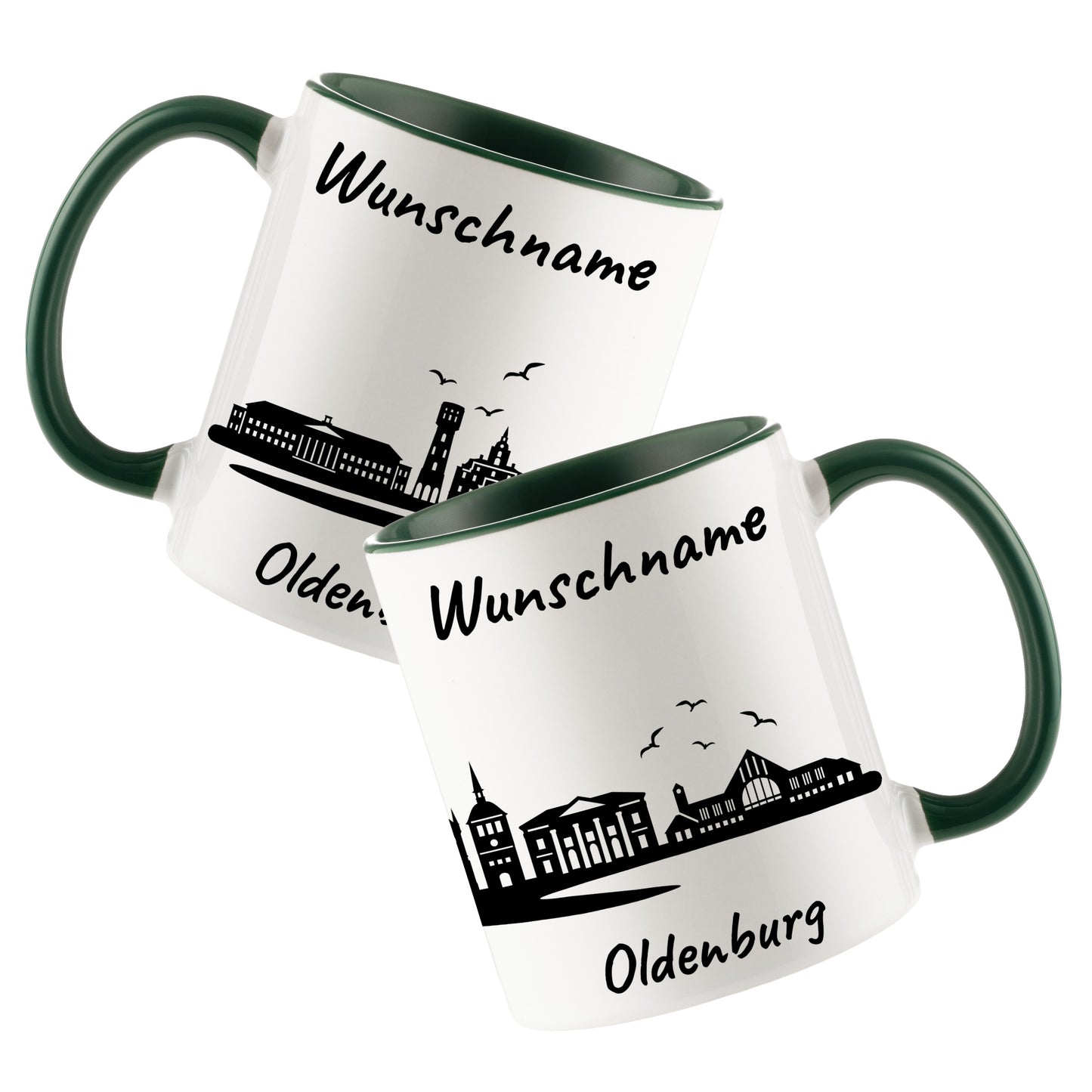 Tasse in Dunkelgrün 330ml bedruckt mit der Skyline von Oldenburg personalisierbar mit Wunschname