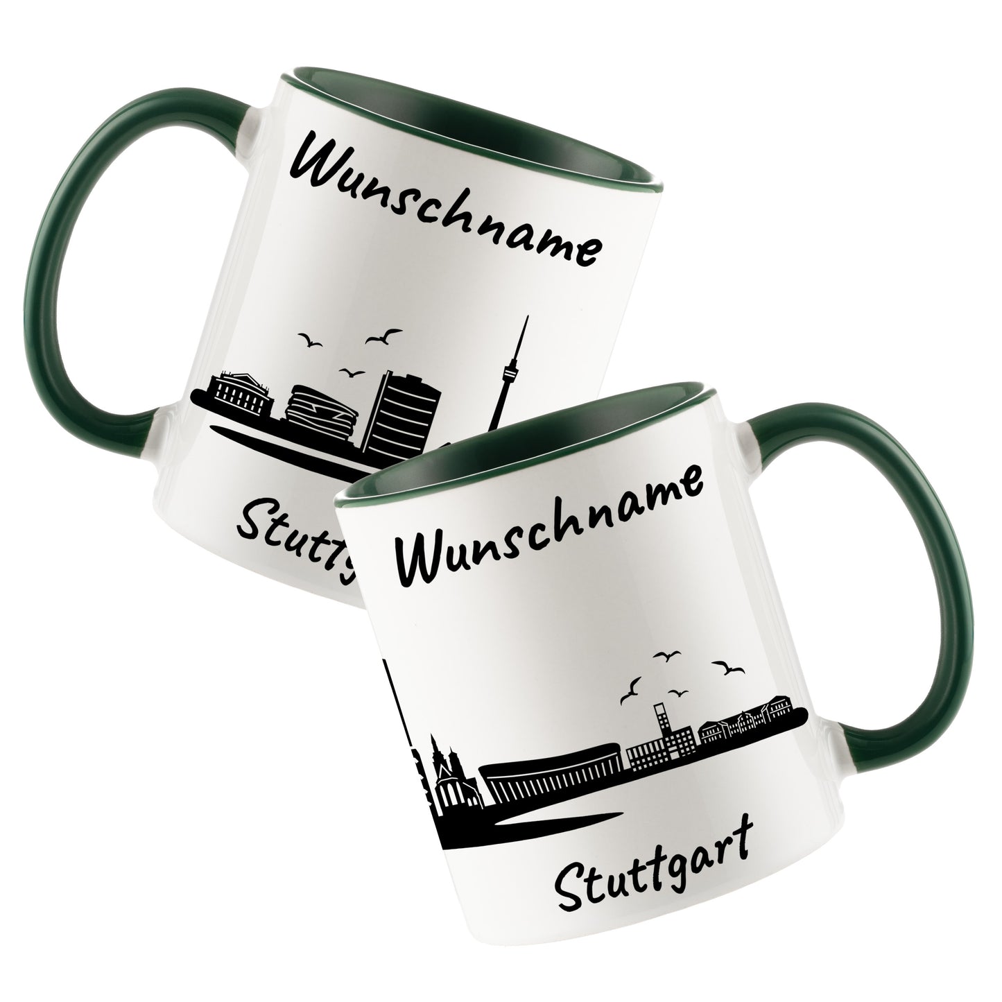 Tasse in Dunkelgrün 330ml bedruckt mit der Skyline von Stuttgart personalisierbar mit Wunschname