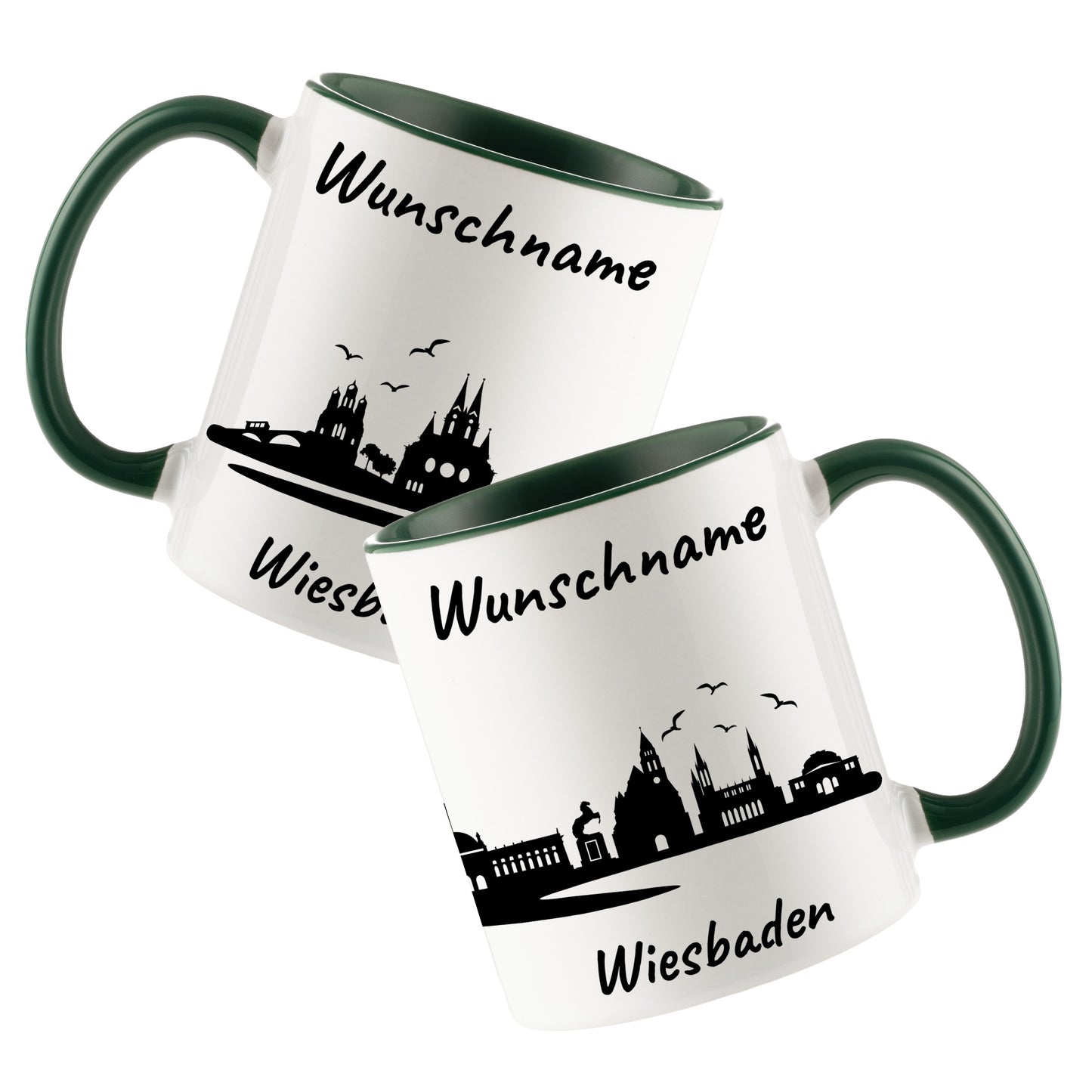 Tasse in Dunkelgrün 330ml bedruckt mit der Skyline von Wiesbaden personalisierbar mit Wunschname
