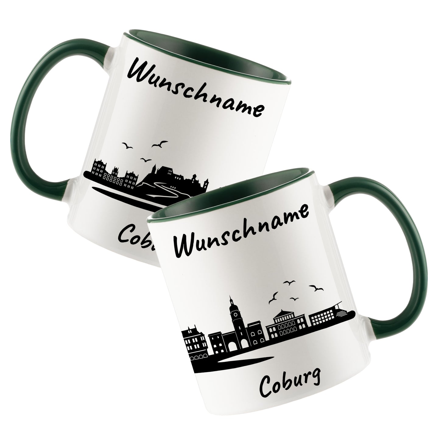 Tasse in Dunkelgrün 330ml bedruckt mit der Skyline von Coburg personalisierbar mit Wunschname