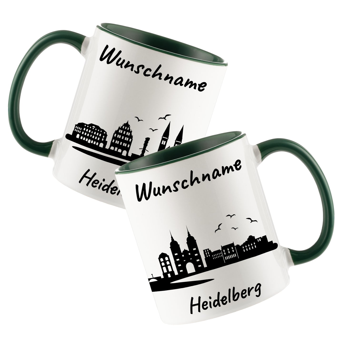 Tasse in Dunkelgrün 330ml bedruckt mit der Skyline von Heidelberg personalisierbar mit Wunschname