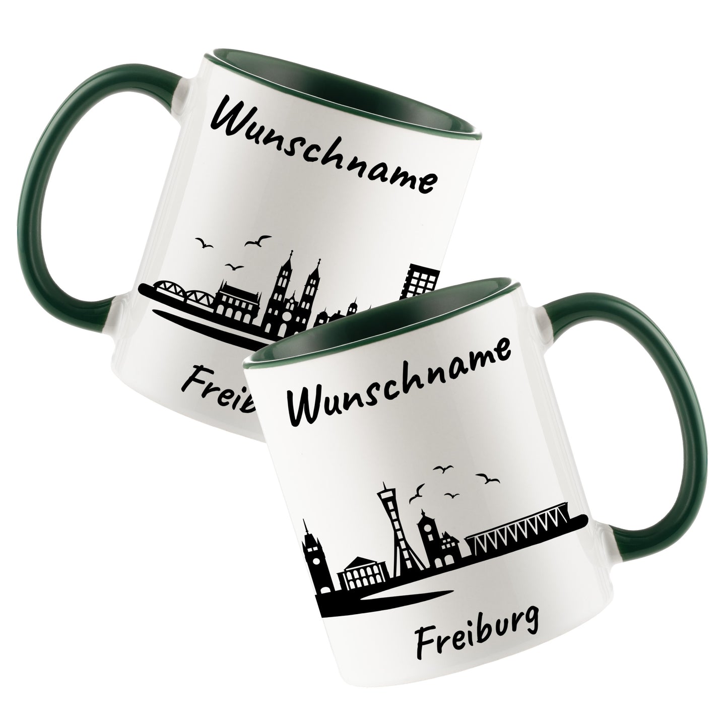 Tasse in Dunkelgrün 330ml bedruckt mit der Skyline von Freiburg personalisierbar mit Wunschname