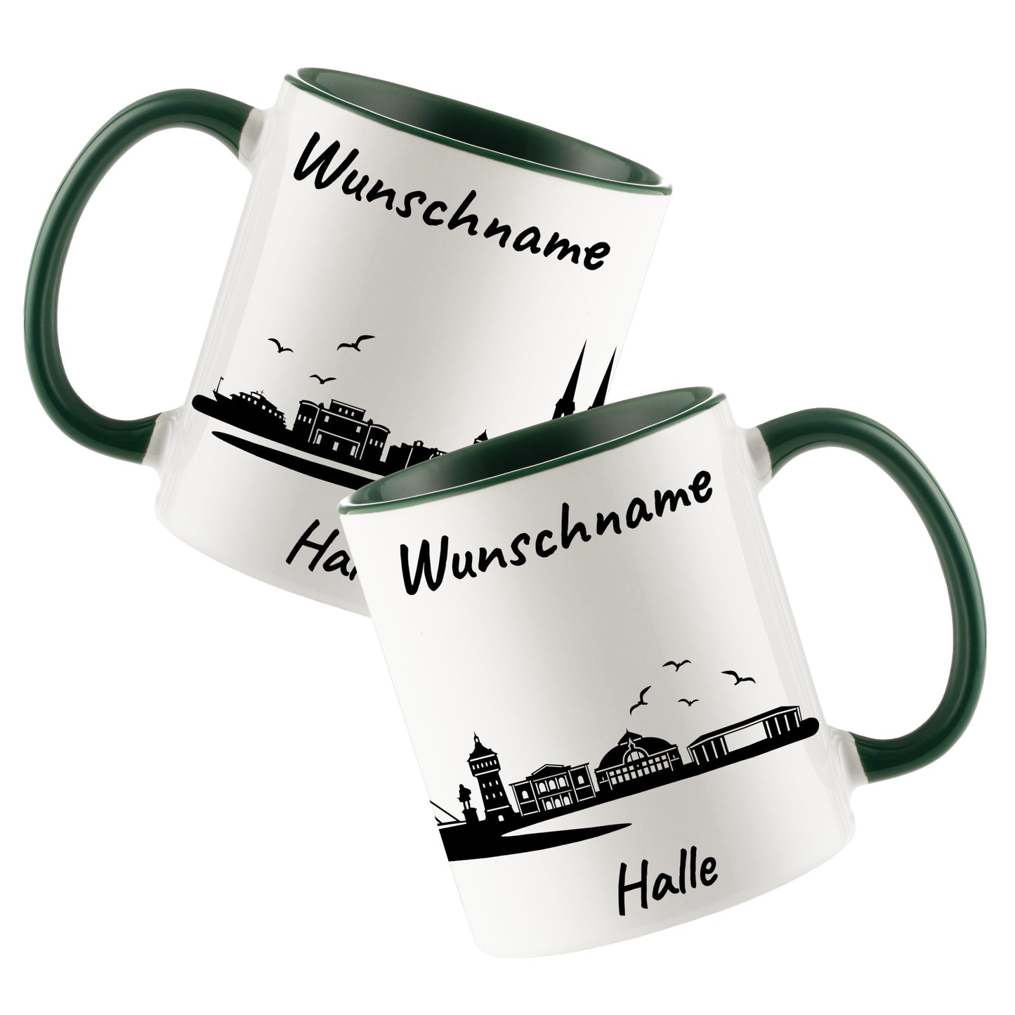 Tasse in Dunkelgrün 330ml bedruckt mit der Skyline von Halle personalisierbar mit Wunschname