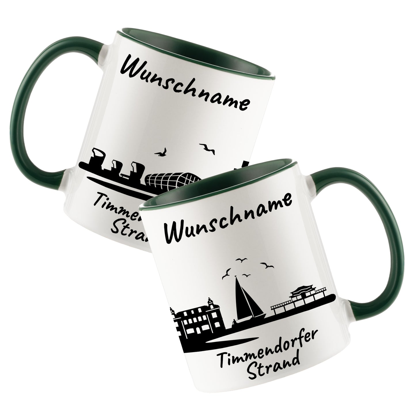 Tasse in Dunkelgrün 330ml bedruckt mit der Skyline von Timmendorfer Strand personalisierbar mit Wunschname
