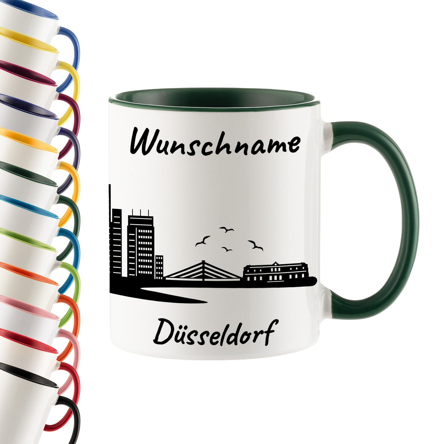 Tasse in Dunkelgrün 330ml bedruckt mit der Skyline von Düsseldorf personalisierbar mit Wunschname