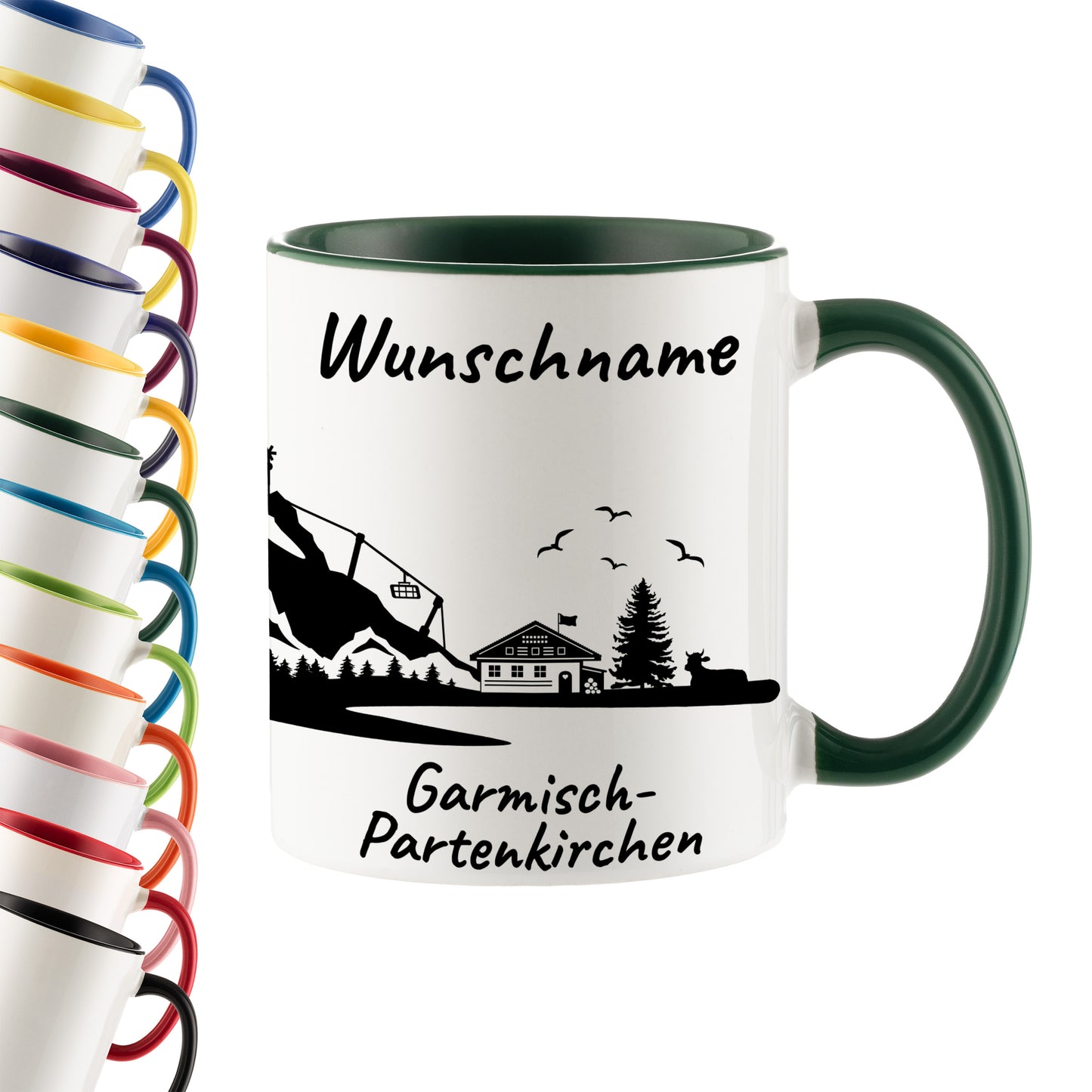 Tasse in Dunkelgrün 330ml bedruckt mit der Skyline von Garmisch-Partenkirchen personalisierbar mit Wunschname
