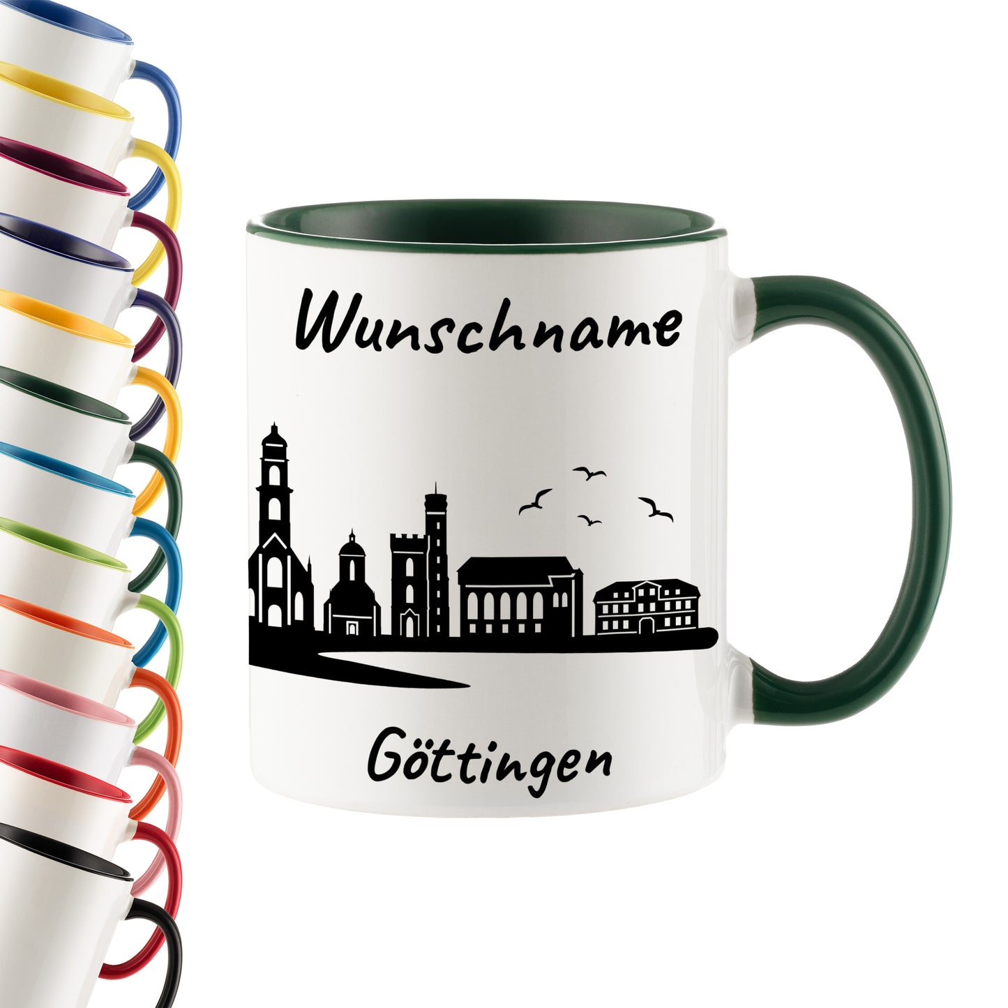 Tasse in Dunkelgrün 330ml bedruckt mit der Skyline von Göttingen personalisierbar mit Wunschname