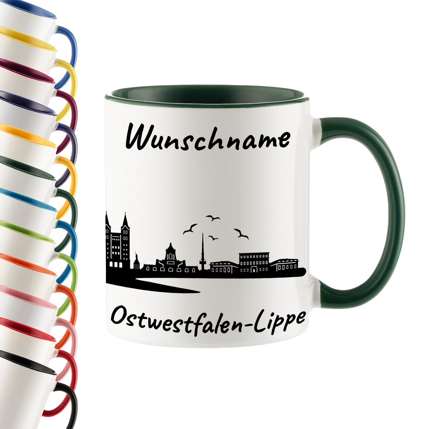 Tasse in Dunkelgrün 330ml bedruckt mit der Skyline von Ostwestfalen-Lippe personalisierbar mit Wunschname