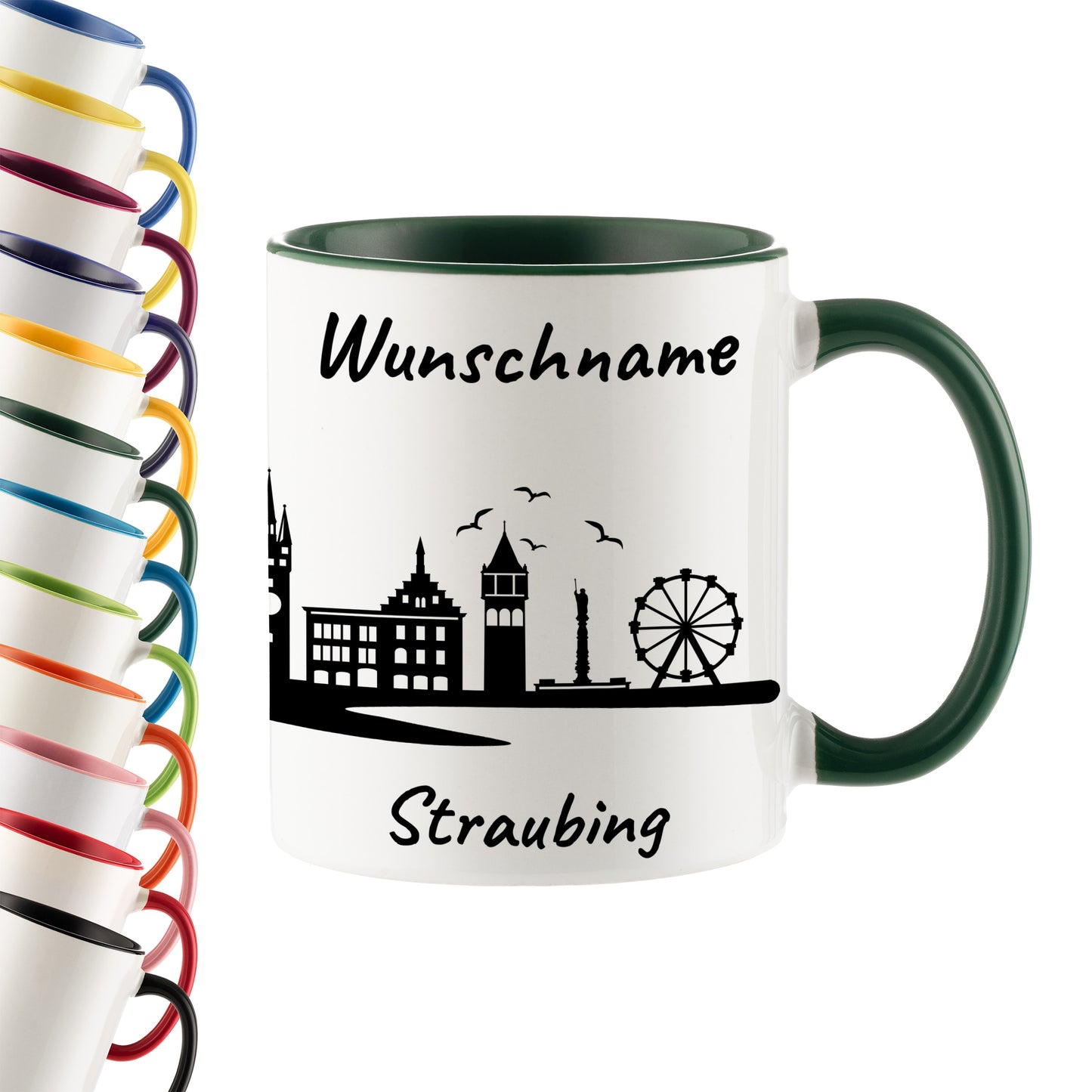 Tasse in Dunkelgrün 330ml bedruckt mit der Skyline von Straubing personalisierbar mit Wunschname