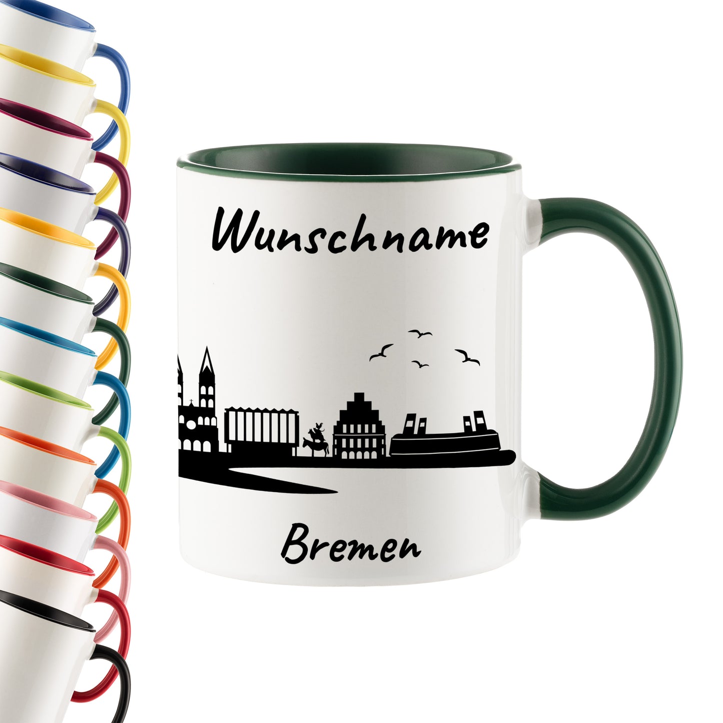 Tasse in Dunkelgrün 330ml bedruckt mit der Skyline von Bremen personalisierbar mit Wunschname