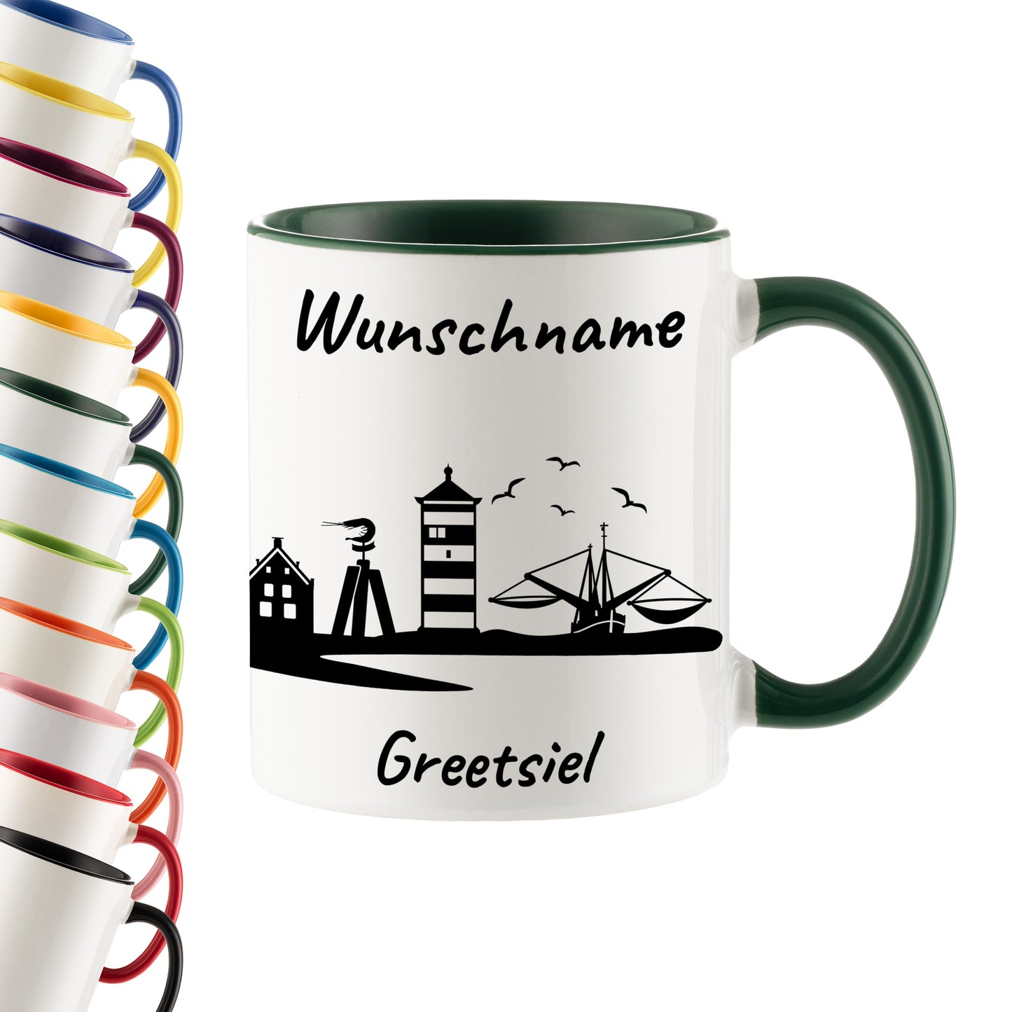 Tasse in Dunkelgrün 330ml bedruckt mit der Skyline von Greetsiel personalisierbar mit Wunschname