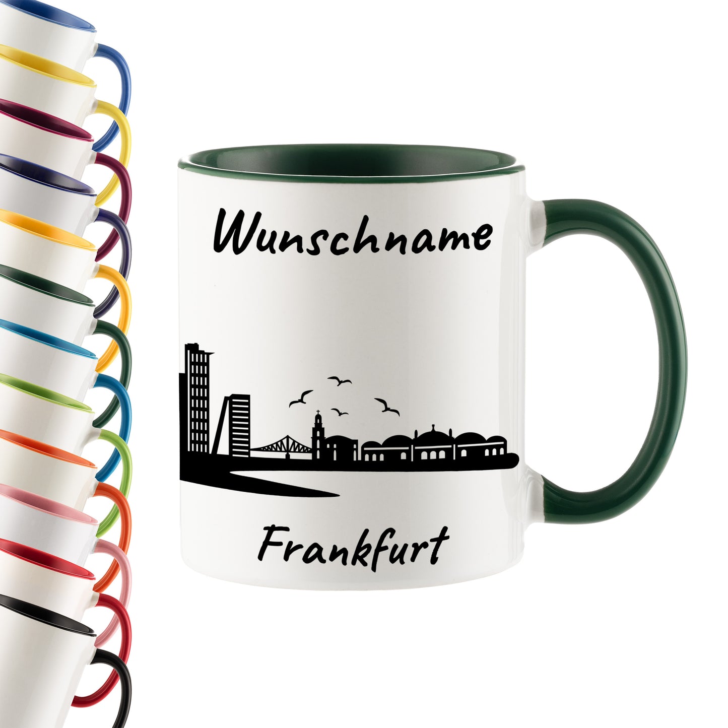 Tasse in Dunkelgrün 330ml bedruckt mit der Skyline von Frankfurt personalisierbar mit Wunschname