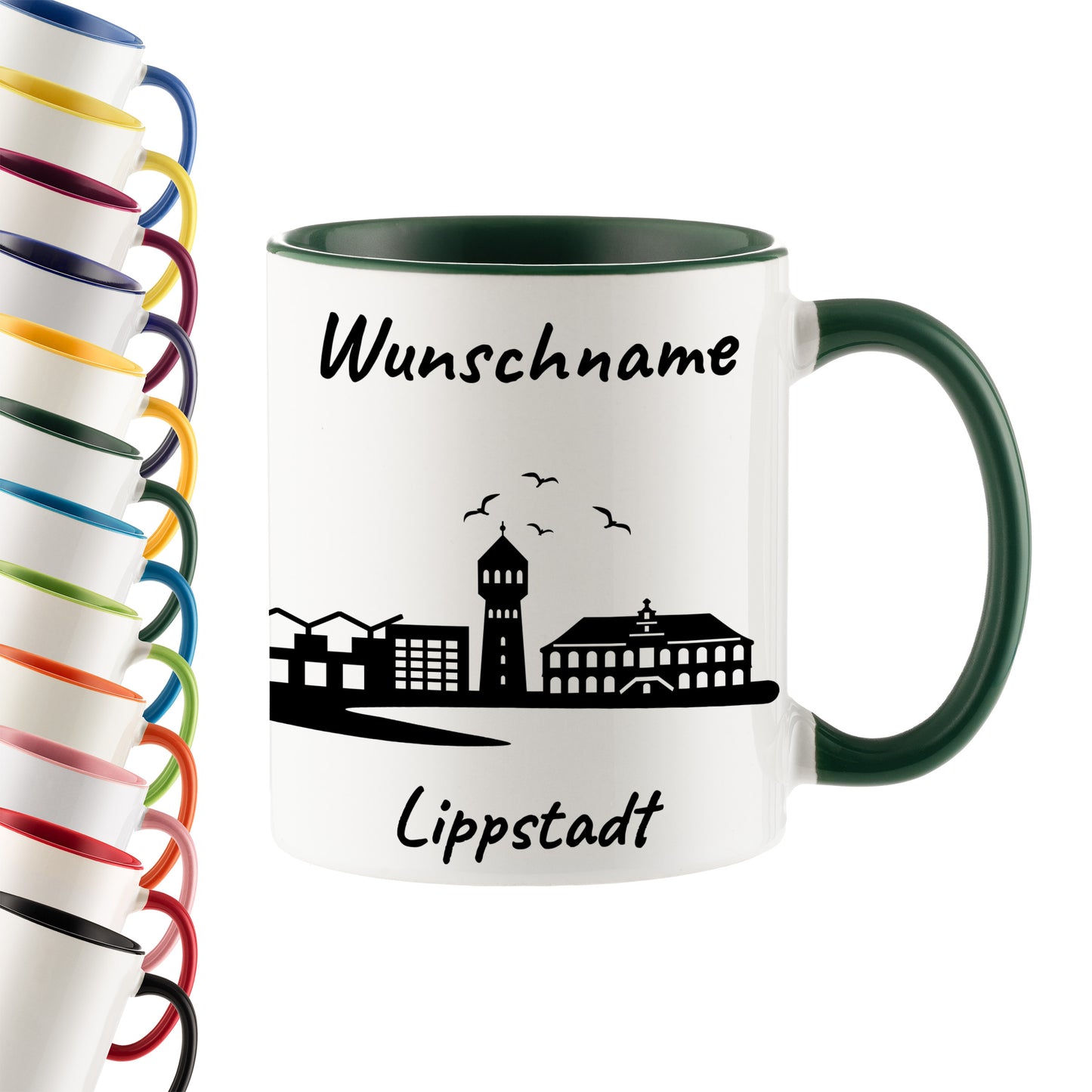 Tasse in Dunkelgrün 330ml bedruckt mit der Skyline von Lippstadt personalisierbar mit Wunschname