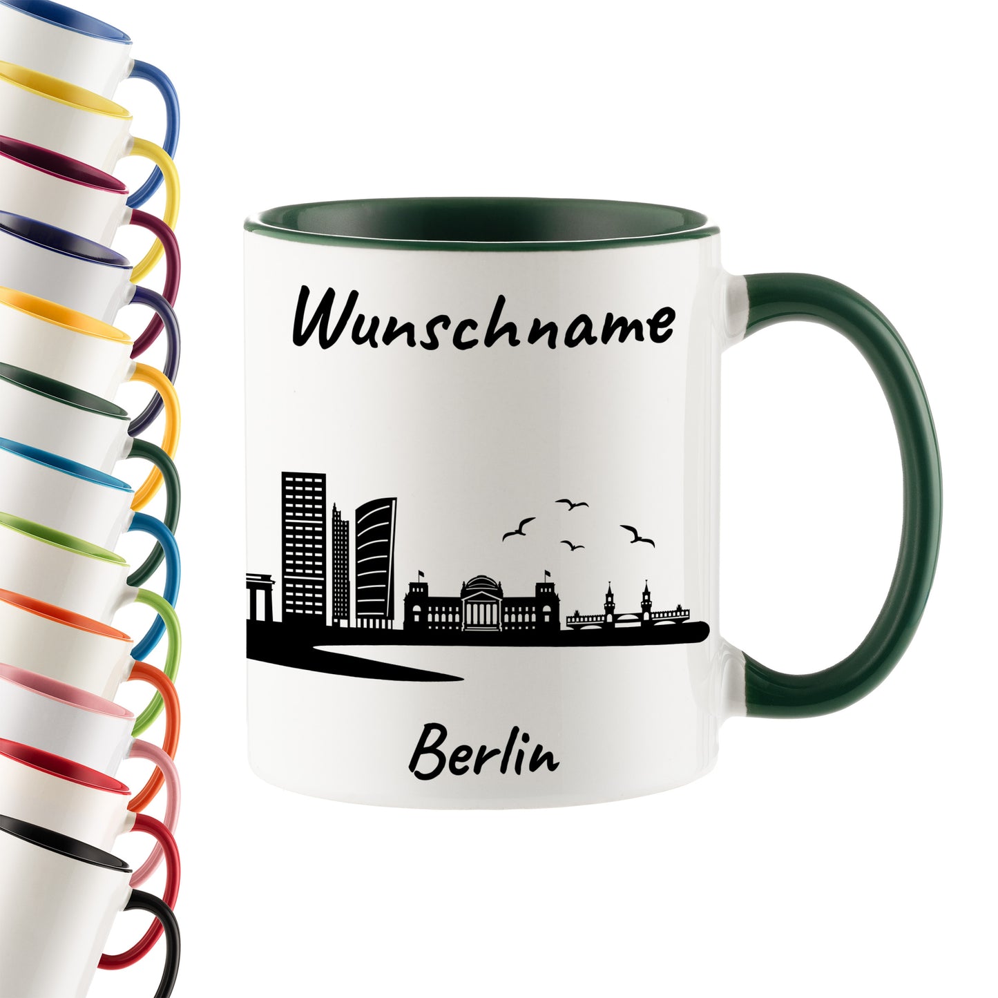 Tasse in Dunkelgrün 330ml bedruckt mit der Skyline von Berlin personalisierbar mit Wunschname