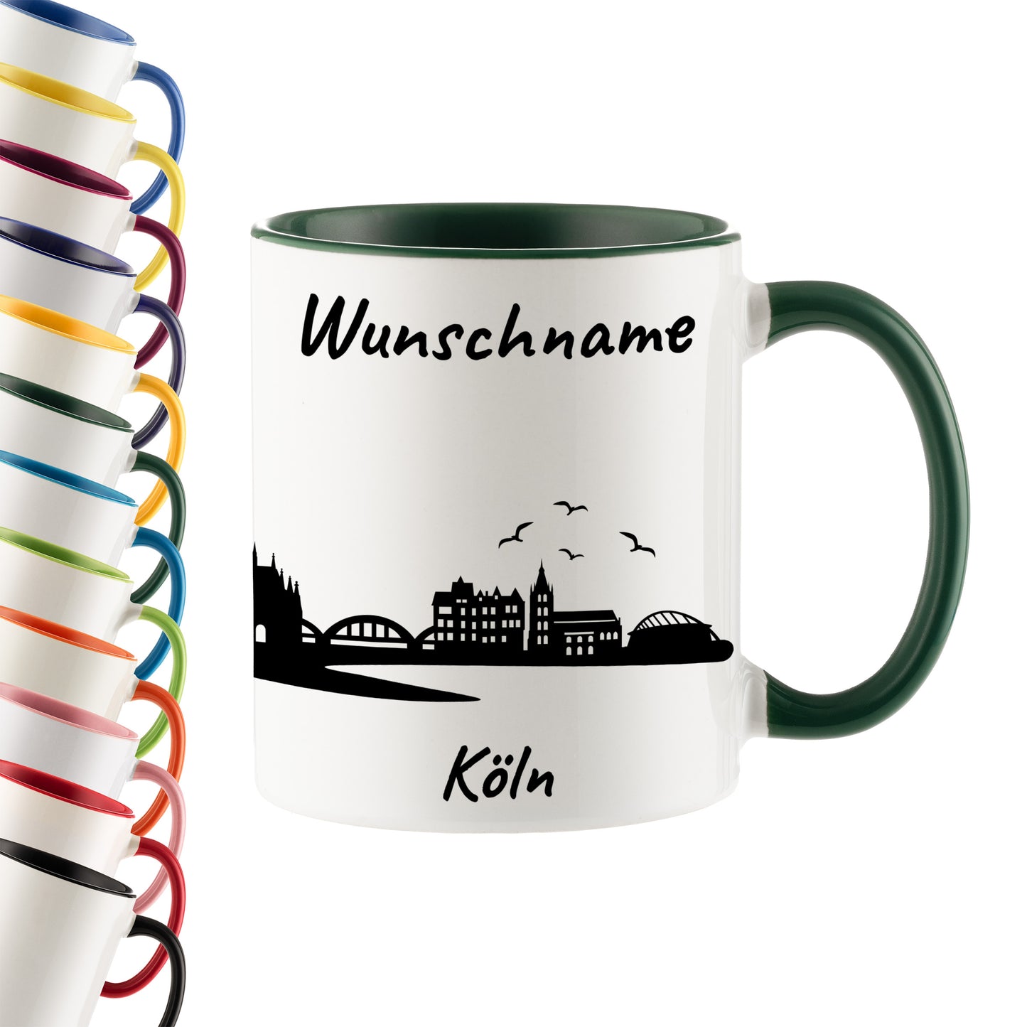 Tasse in Dunkelgrün 330ml bedruckt mit der Skyline von Köln personalisierbar mit Wunschname