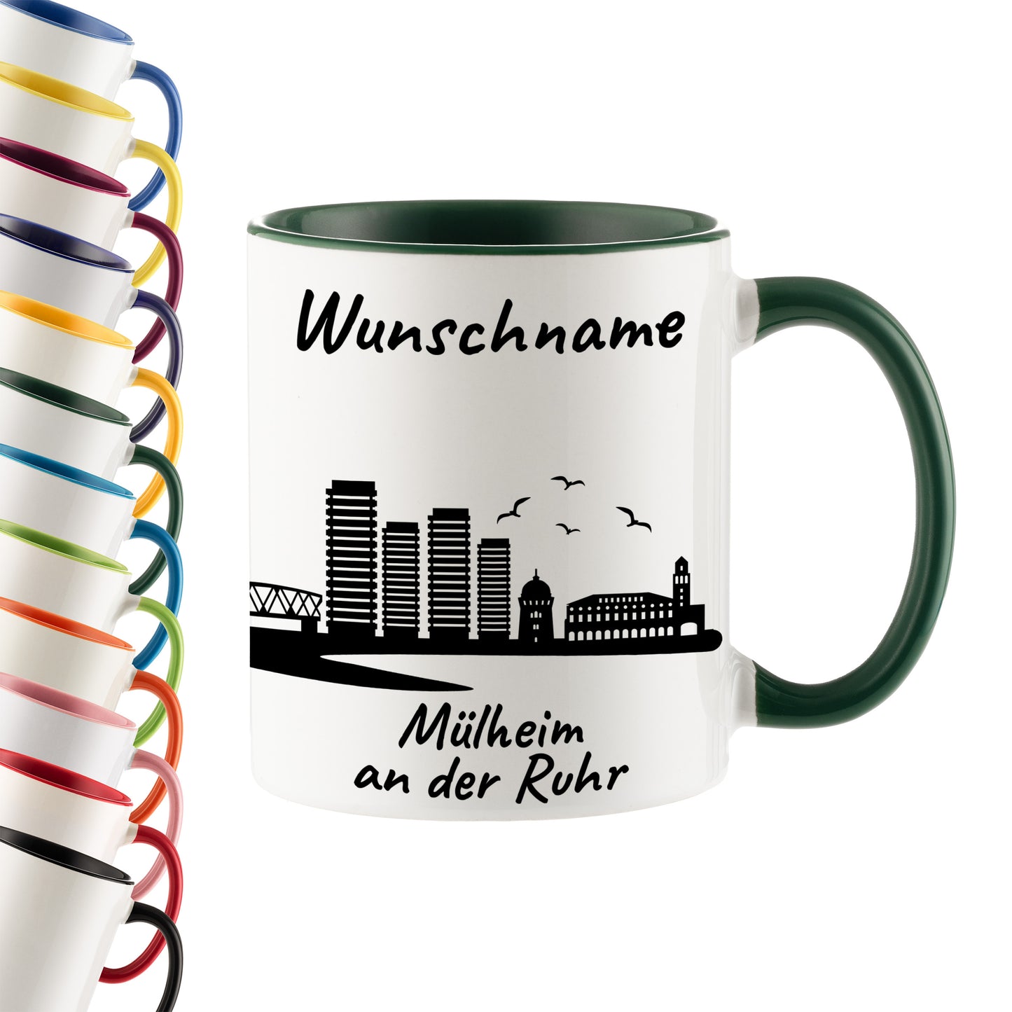 Tasse in Dunkelgrün 330ml bedruckt mit der Skyline von Mülheim an der Ruhr personalisierbar mit Wunschname