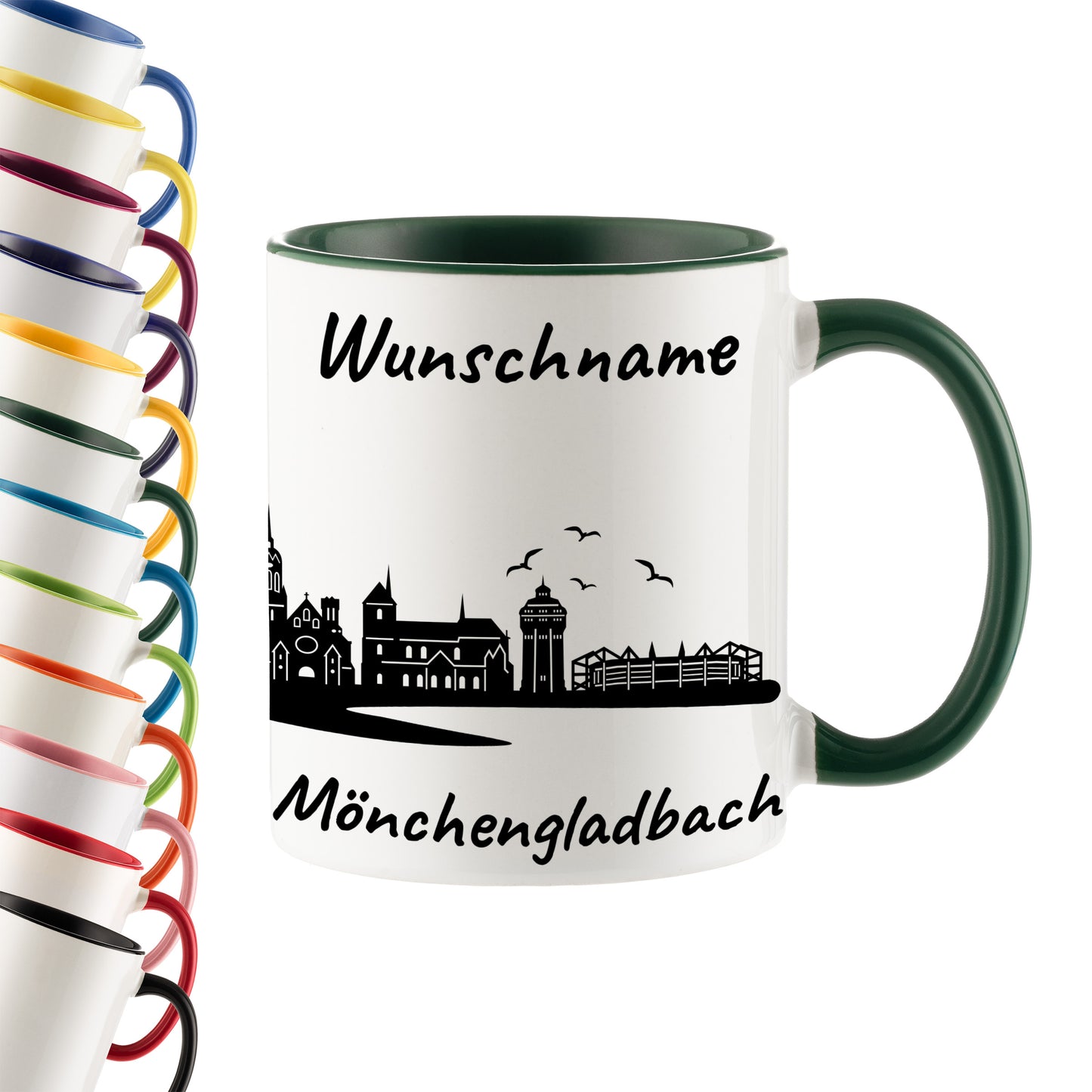 Tasse in Dunkelgrün 330ml bedruckt mit der Skyline von Mönchengladbach personalisierbar mit Wunschname