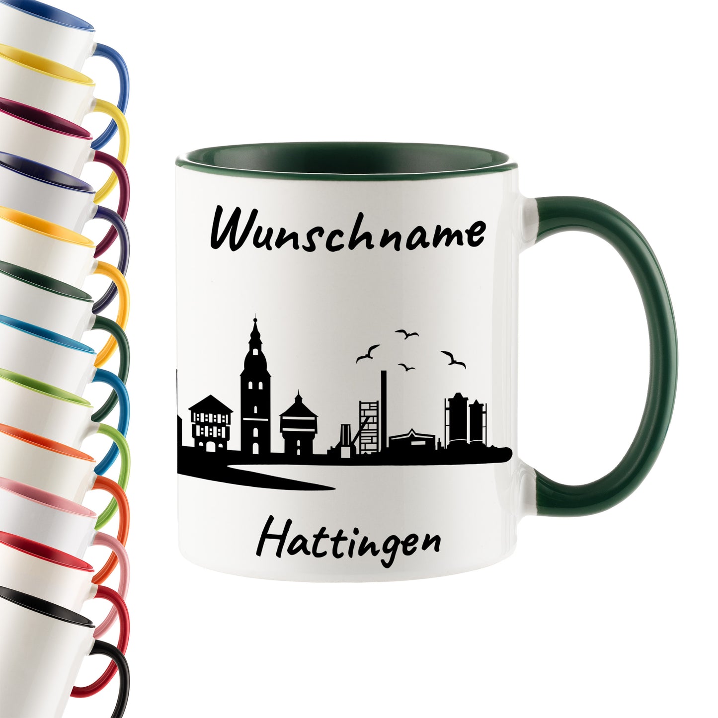 Tasse in Dunkelgrün 330ml bedruckt mit der Skyline von Hattingen personalisierbar mit Wunschname