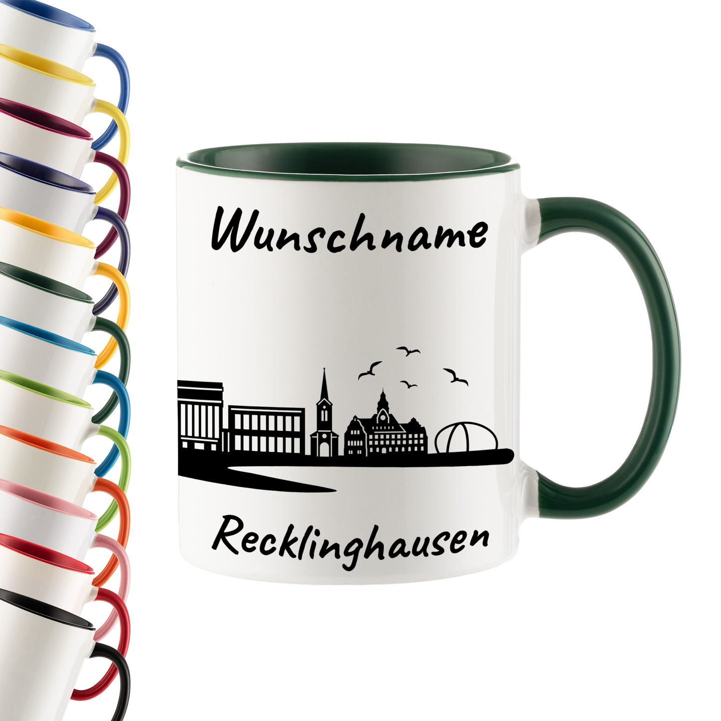 Tasse in Dunkelgrün 330ml bedruckt mit der Skyline von Recklinghausen personalisierbar mit Wunschname