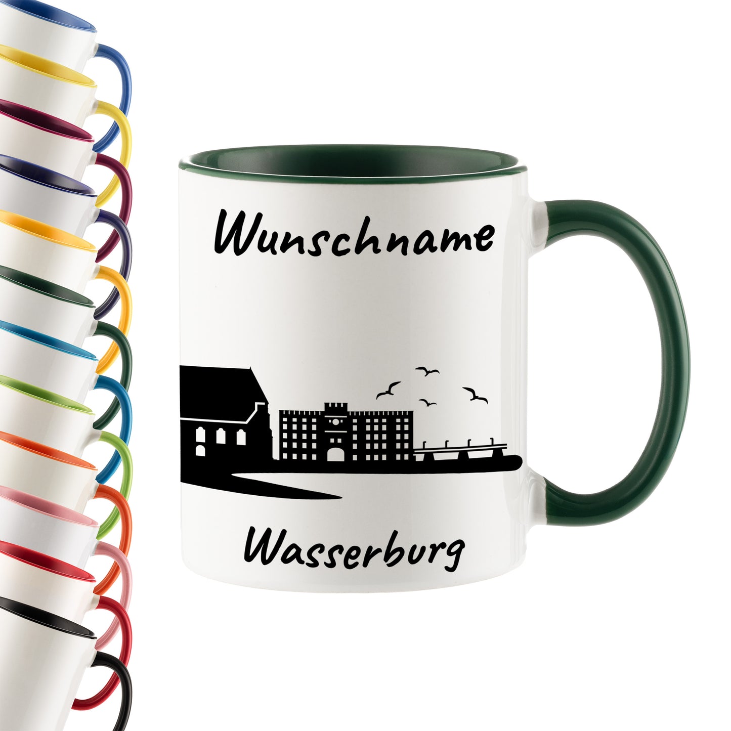 Tasse in Dunkelgrün 330ml bedruckt mit der Skyline von Wasserburg personalisierbar mit Wunschname