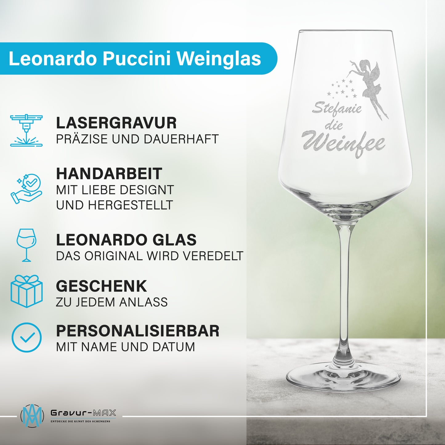 Weinglas mit Gravur Leonardo Puccini "WUNSCHNAME DIE WEINFEE" mit Wunschname
