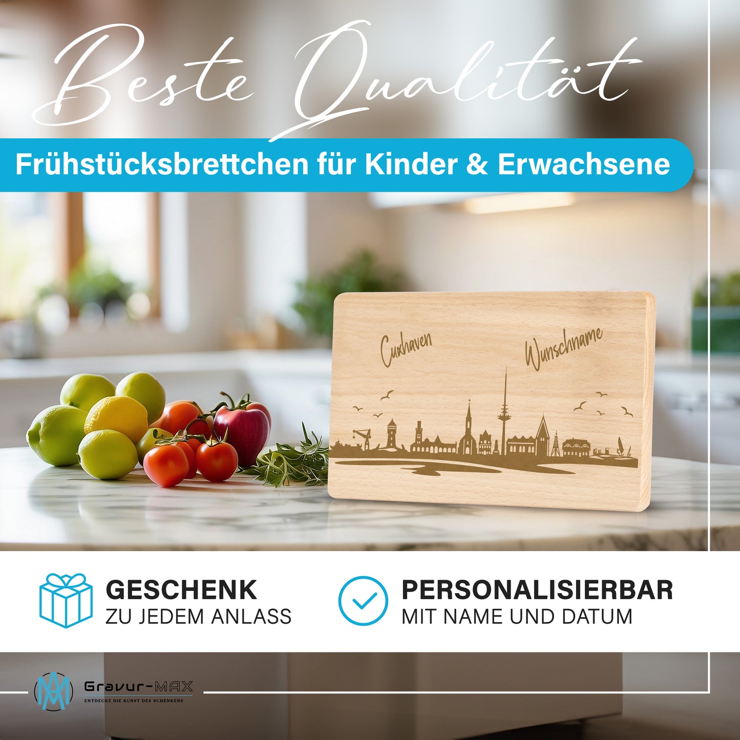 Frühstücksbrettchen 220x120mm mit Gravur mit der Skyline von Cuxhaven personalisierbar mit Wunschname