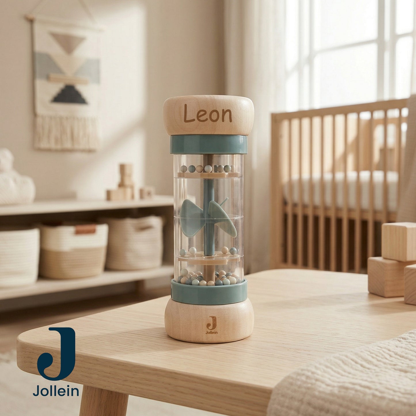 Jollein Regenmacher Blau personalisierbar mit Name aus FSC-Holz - Babyrassel - Babygeschenk zur Geburt oder Taufe
