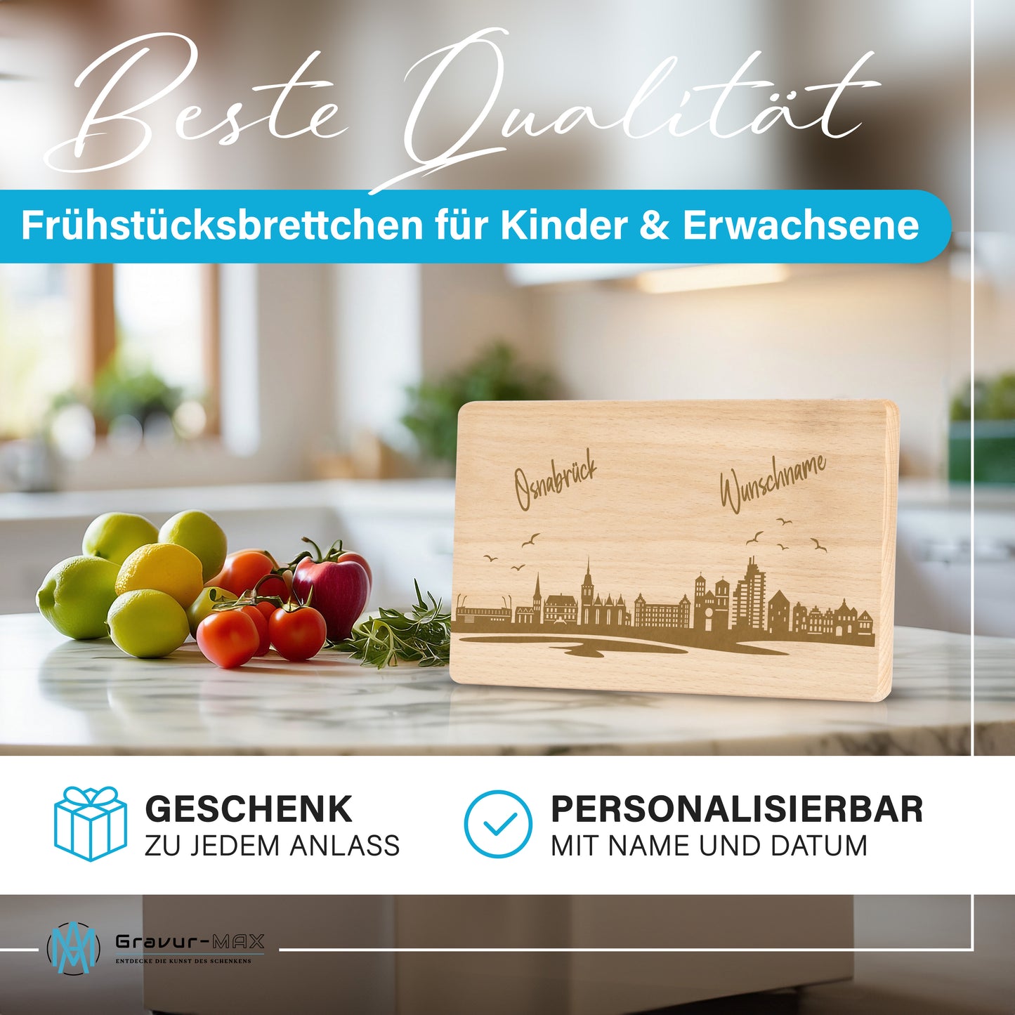 Frühstücksbrettchen 220x120mm mit Gravur mit der Skyline von Osnabrück personalisierbar mit Wunschname
